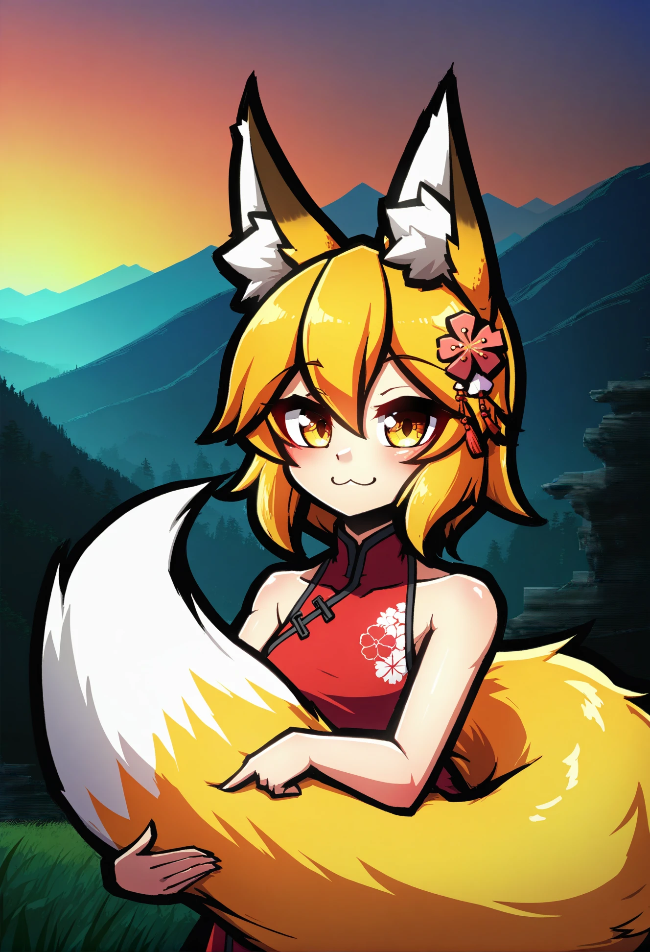 (by nokoppa, by floofsmear, by kisaragi nana:0.8),
1girl, senko \(sewayaki kitsune no senko-san\), fox girl, fox ears, animal ear fluff, fox tail, short blonde hair, hair flower, red china dress, :3, casting fox shadow puppet gesture while hugging own tail, bare shoulders,
outdoors, epic landscape of chinese mountains, pagoda,
best quality, masterpiece,