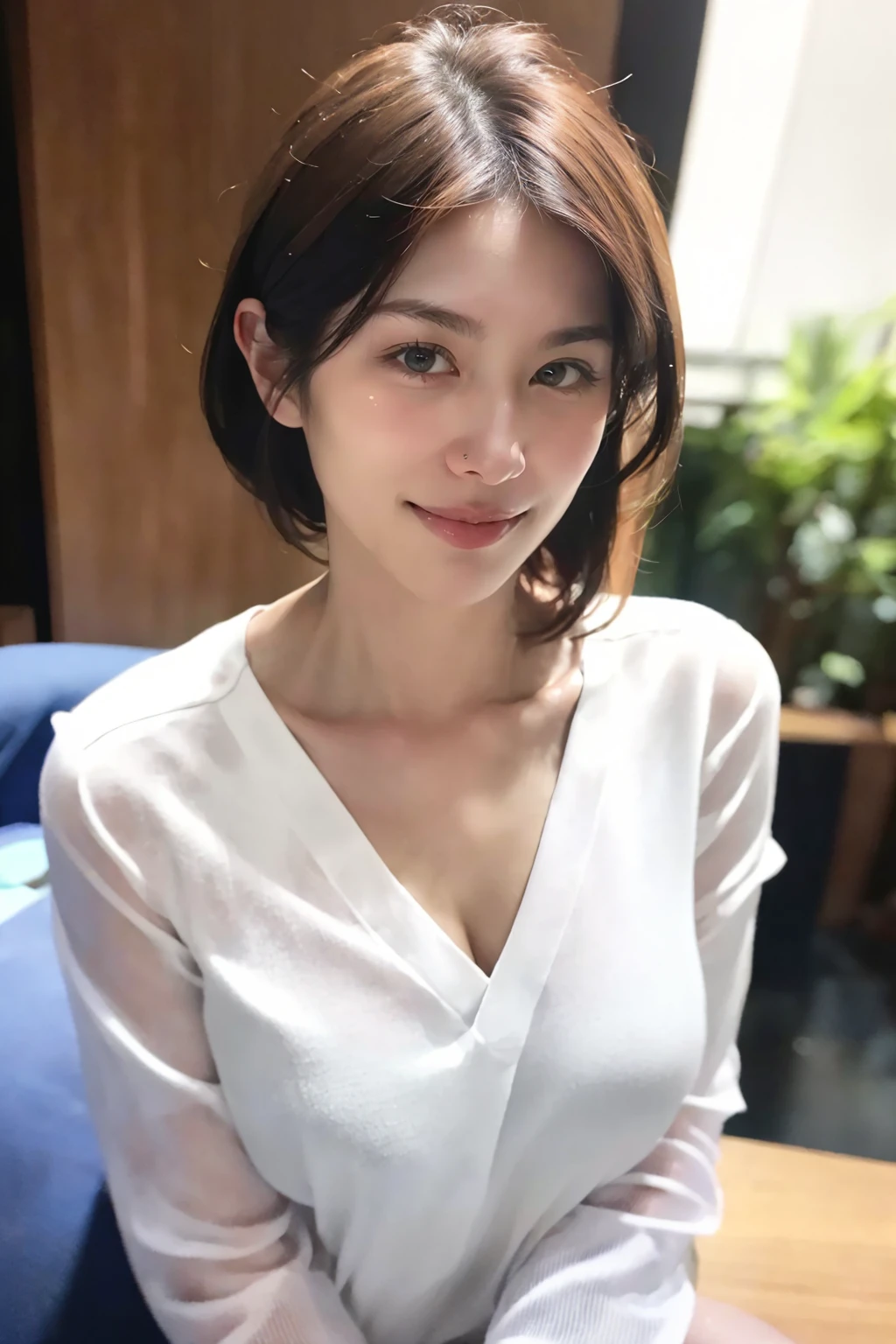 1 female,Beauty,Beautiful face,smile,Crouching and watching the viewer,Office Lady,In a suit,A dignified appearance,Perfect Style,Take off your jacket,Cleavage,focus on the chest,(spuatting down:1.2),(spread 2 legs:1.2),(show off panty),View from above,Front view,Ultra-realistic,Ultra high definition,Highest quality,8K,Masterpiece