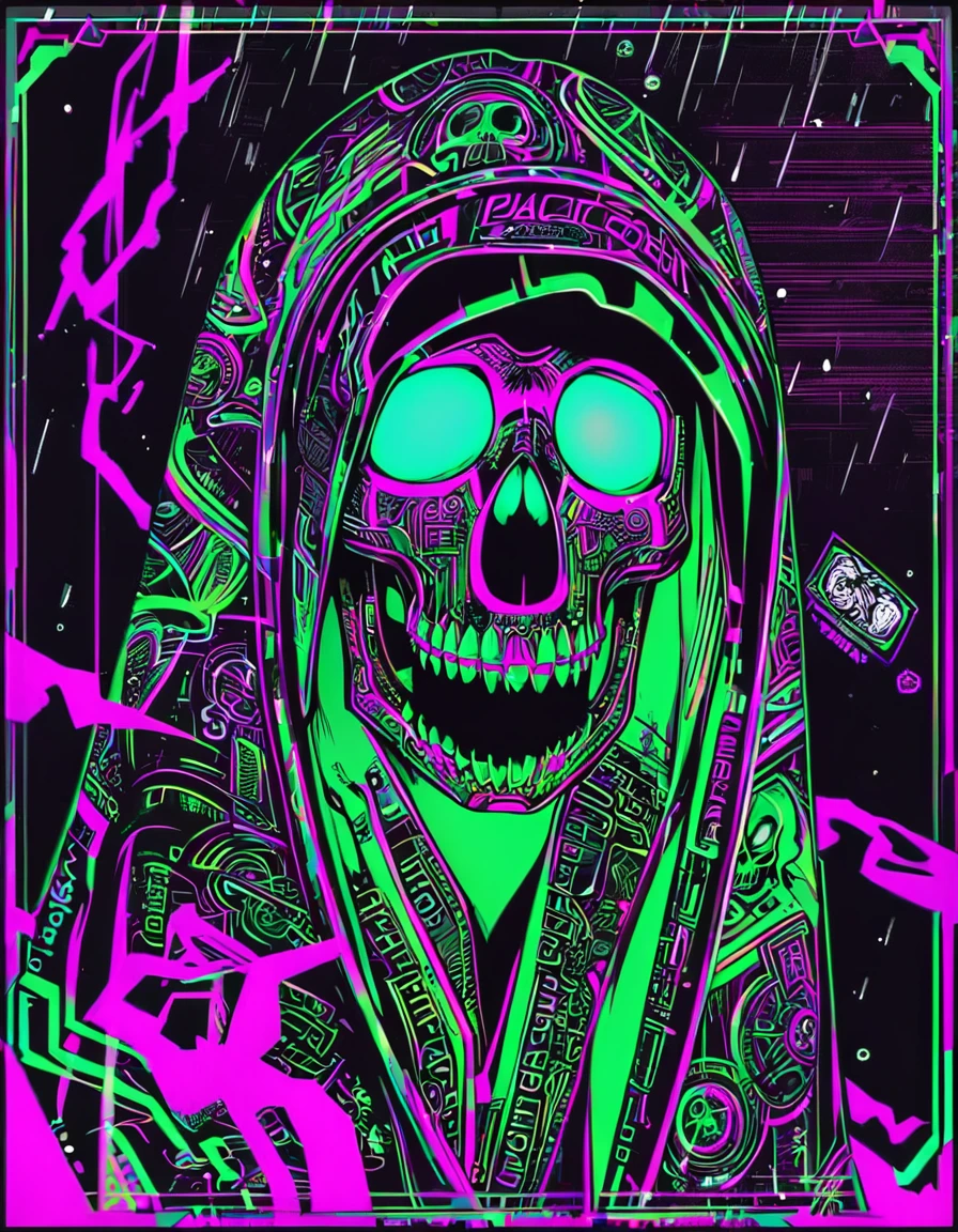 Neon noir rainbow theme,monochrome,glowing,hood,no humans,black background,glowing eyes,hood up,skull,robe,dark,magic circle,horror (theme),<lora:phonk:1>, . Cyberpunk, dark, rainy streets, neon signs, high contrast, low light, vibrant, highly detailed