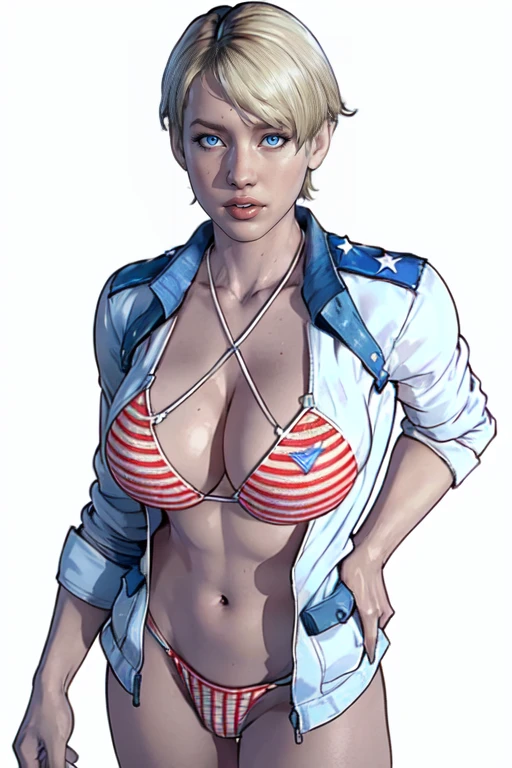 Panel work of art, blue colored eyes, short blonde hair, wearing a bikini with the flag of the United States, with neckline, wearing short, tight denim shorts with the buttons open, defined body, 4K HD image