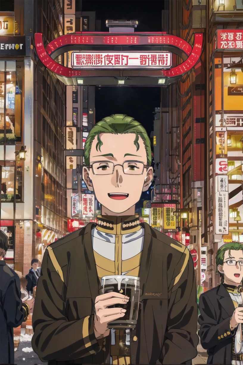 best quality,masterpiece,ultra high res,
heiter, 1boy, male focus, glasses, solo, cup, beer mug, open mouth, smile, looking at viewer, green hair, upper body, holding cup, alcohol, beer, robe,
BREAK
kabukicho1, city, scenery, night, 6+boys, sign, moon, street, real world location, road, multiple boys, cityscape, building, outdoors, multiple girls, neon lights, crowd
<lora:heiter_SD15_V1:0.8> <lora:kabukicho1_SD15_V1:0.8>
