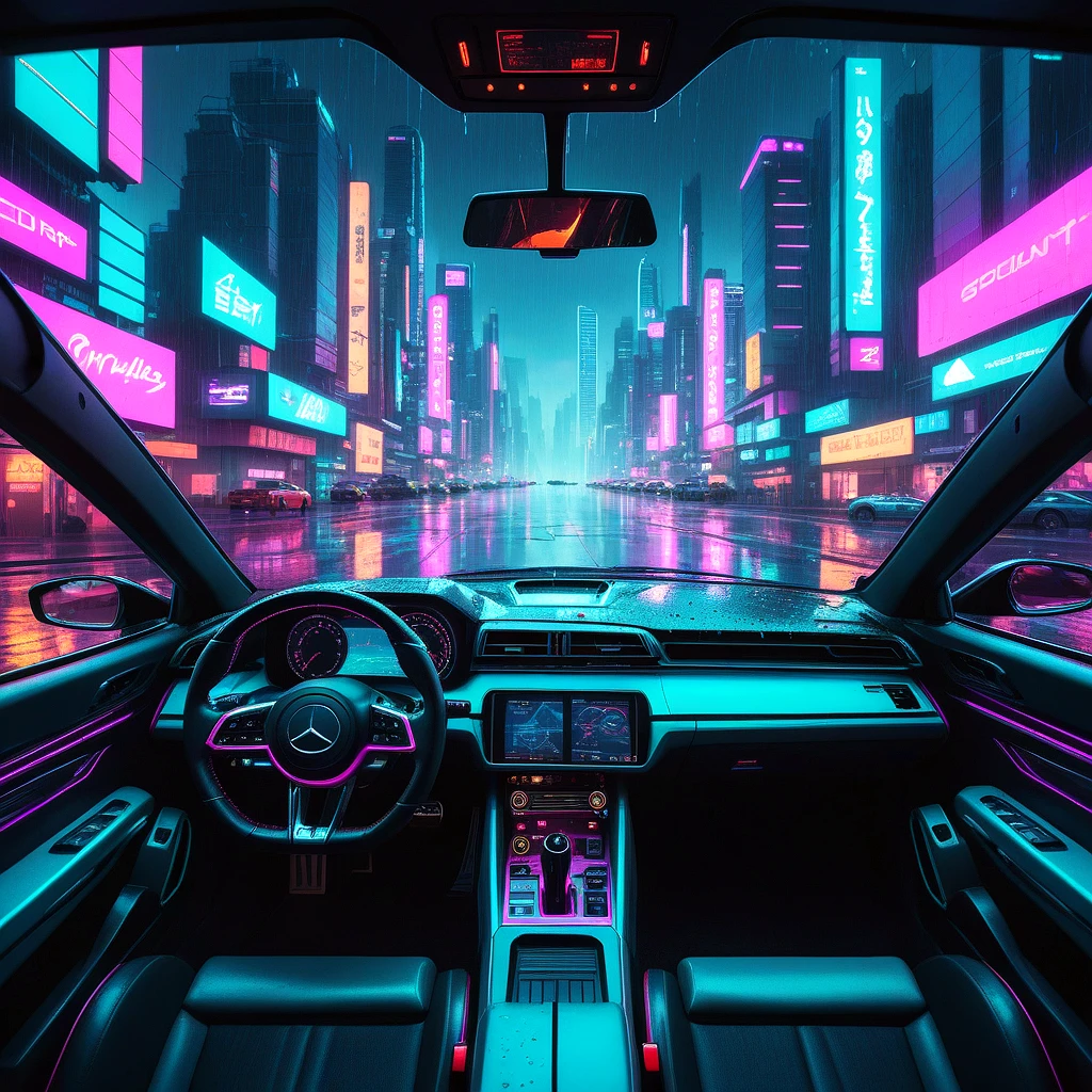 inside view from sports car cockpit, digital instruments dashboard, outside a vast neon metropolis is seen through the rain wet windshield, cyberpunk vibes, neon colors, highest quality