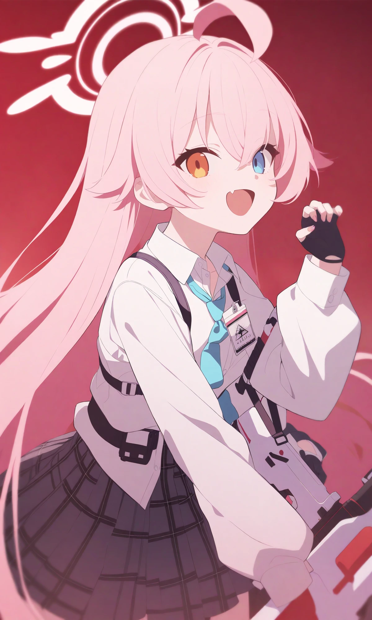 red_theme anime_girl_with_pink_hair_and_blue_eyes_holding_a_gun 1girl hoshino_\(blue_archive\) gloves solo heterochromia halo pink_hair id_card fingerless_gloves necktie weapon long_hair shirt blue_necktie blue_eyes shotgun black_gloves ahoge gun white_shirt skirt collared_shirt looking_at_viewer long_sleeves plaid_skirt shield yellow_eyes shotgun_shell plaid open_mouth fang orange_eyes smile grey_skirt bangs school_uniform best_quality newest