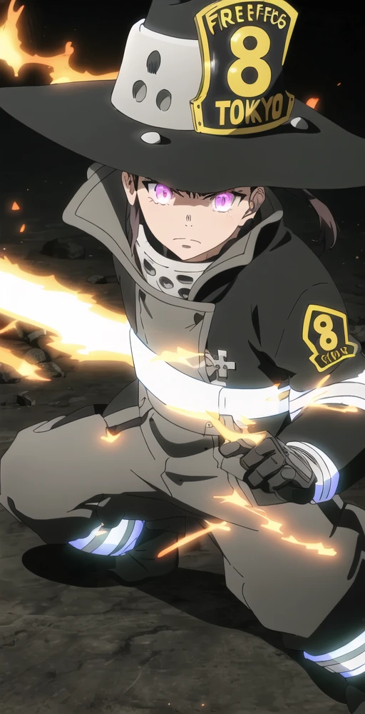 MOV2, 1girl, solo, angry, combat stance, fireforce8 uniform, glowing eyes, witch hat, jacket, gloves, pants, perfect quality, good quality, masterpiece, HDR, UHD <lora:Maki Oze V2-000004:0.8>