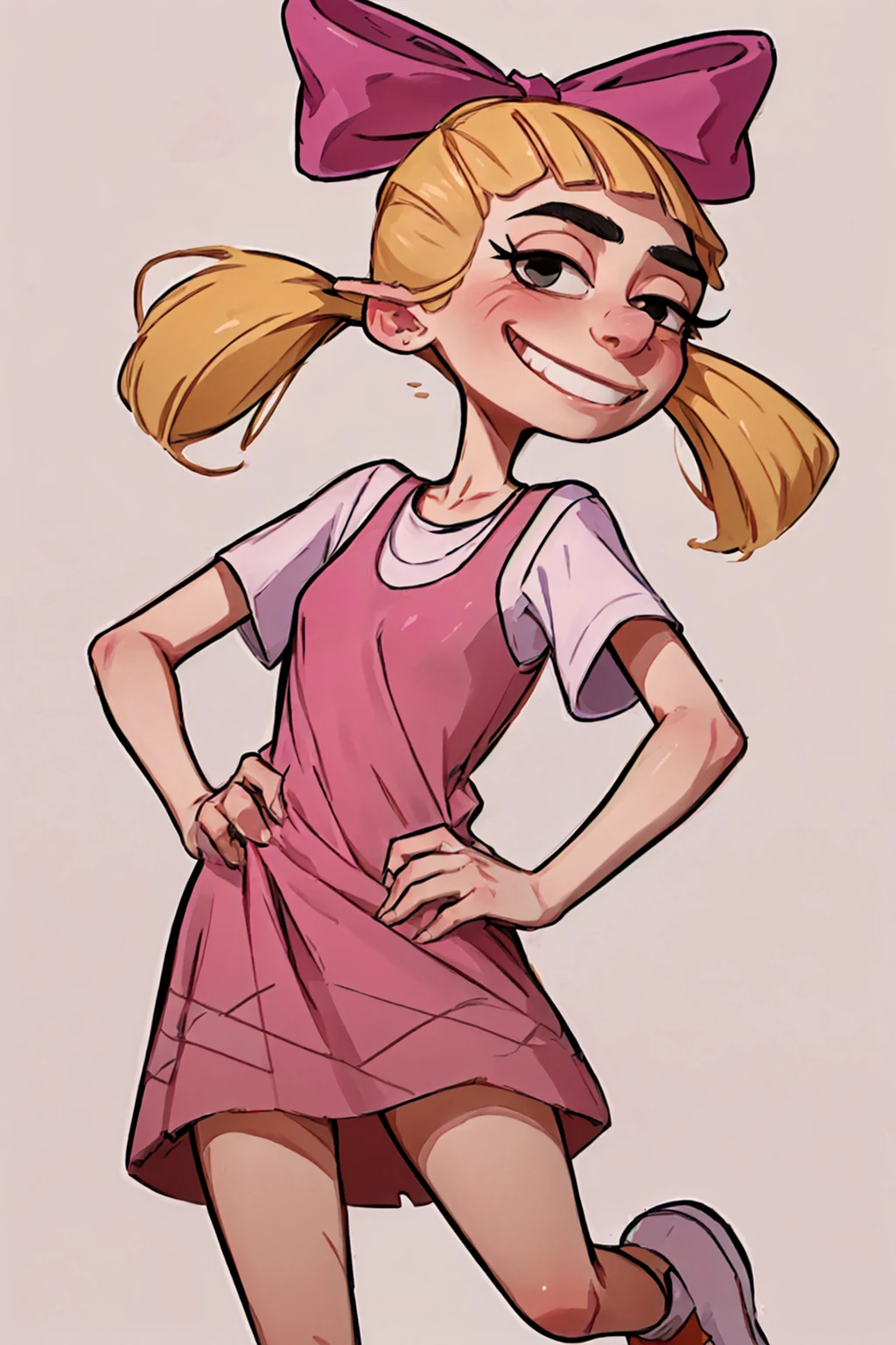 <lora:HelgaP(2.0):0.95> helga, solo, 1girl, blonde hair, floating hair, black eyes, twintails, monobrow, hair bow, pink dress, smile, white shirt, sneakers,looking at viewer, hand on hip, simple background,