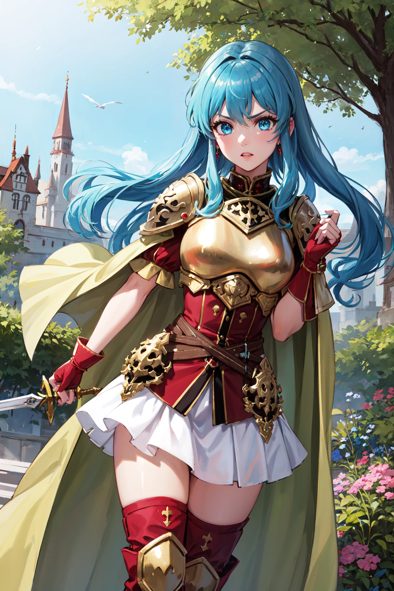 (holding_sword,sword),angry, <lora:DefaultEirika1:0.85>,def_eirika,armor, white skirt, breastplate,  yellow cape, zettai ryouiki, fingerless gloves, thighhighs, thigh boots, jewelry, earrings, puffy short sleeves, shoulder armor,belt,red shirt,garden,castle,outdoors,(masterpiece, best quality, ultra-detailed, best shadow), <lora:UnlimitedBladeWorks1.6:0.8>