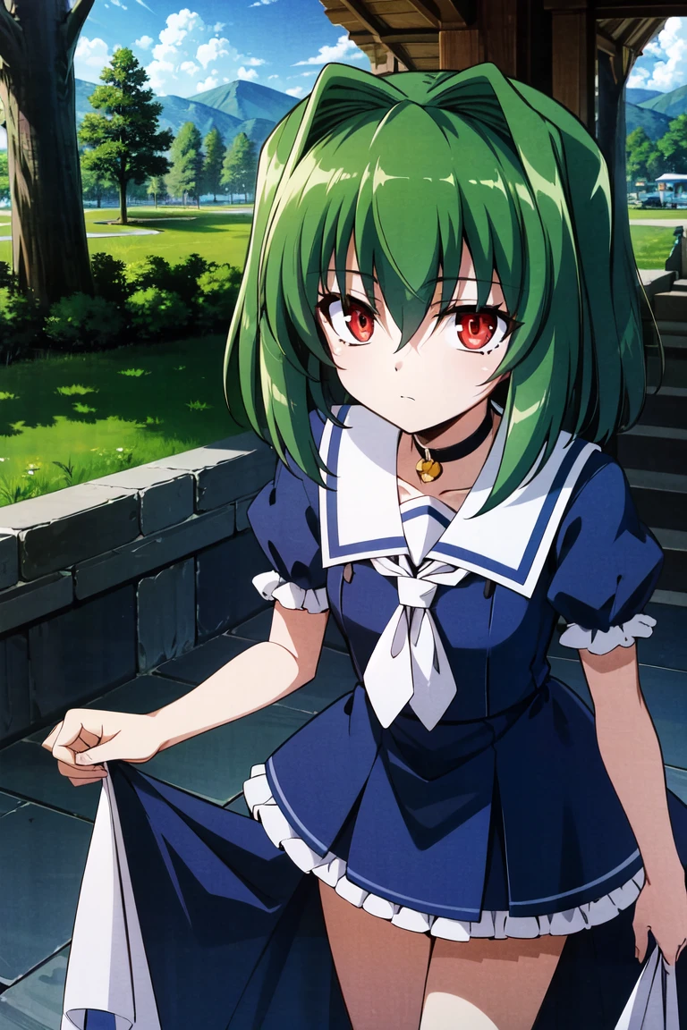 <lora:OmaHimaStylev51:0.8>,(best quality:1),absurdres,uhd,8k,magnum opus,volumetric shadows,isometric lighting,anime,solo,facing viewer,Shizuku, green hair, hair intakes, red eyes, slit pupils, blue dress, frills, sailor collar, white collar, grass, sky, trees, clouds, standing, looking at viewer, expresionless, closed mouth