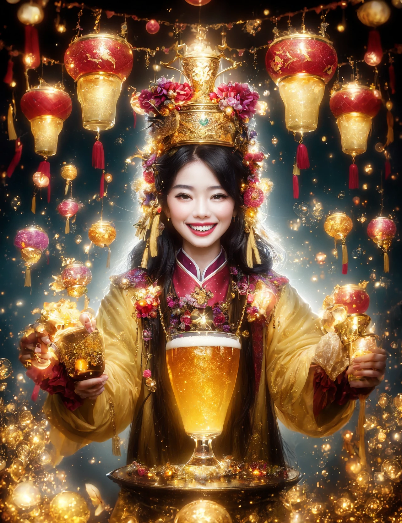 masterpiece, awesome quality, hyper detailed, DonM1un4rN3wy34r, airavata, Mythical jovial rotund being,lighthearted convivial joy,clusterd with yellowish floating foamy beer bubbles, Resembles a friendly well dressed ghostly ethereal otherworldly bartender, large overflowing tankard, , spreading merriment and good cheer, twinkle in its eye, hearty laugh, infinity , <lora:DonM1un4rN3wy34r-000004:0.8>