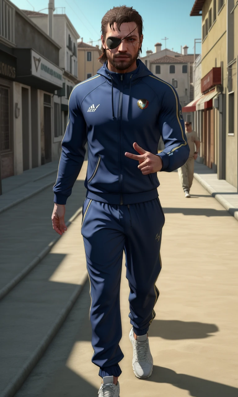 vensnamgsv2024, 1man, cinematic lighting, depth of field, 1 eyepatch, scars, best quality, photorealistic, masterpiece, 5 fingers, green eye, shrapnel in forehead, full body, blue tracksuit, jogging, Venice beach boardwalk, gold chain