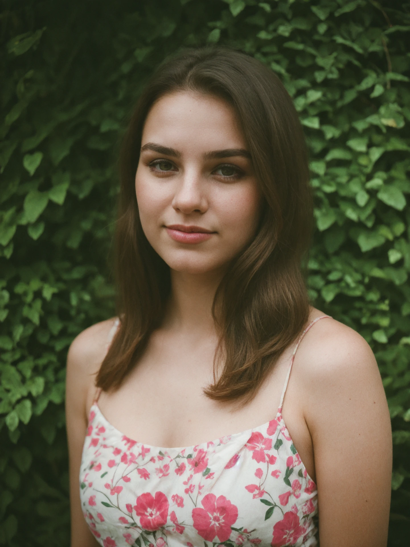 young woman, pink and red flowers, natural lighting, candid pose, serene expression, outdoor setting, partial sunlight, shadow patterns on face, brunette hair, floral background, warm tones, soft focus, depth of field, nature, summer vibes, relaxed, youthful, green foliage