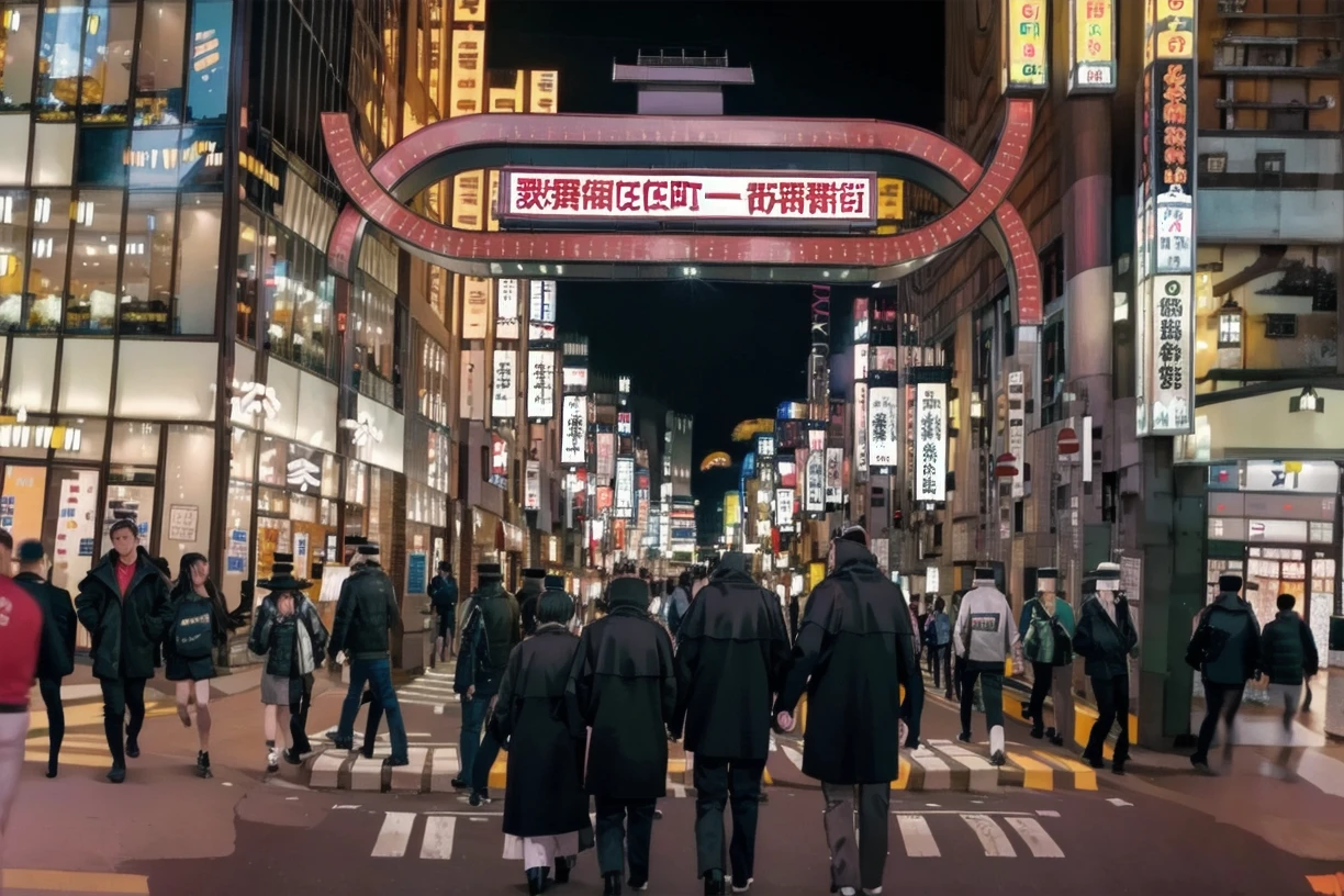 (masterpiece, best quality), 
kabukicho1, scenery, night, city, road, street, crosswalk, neon lights, sign, outdoors, multiple boys, 6+boys, building, vanishing point, lamppost, real world location, people, cityscape, walking
 <lora:kabukicho1_SD15_V1:1>