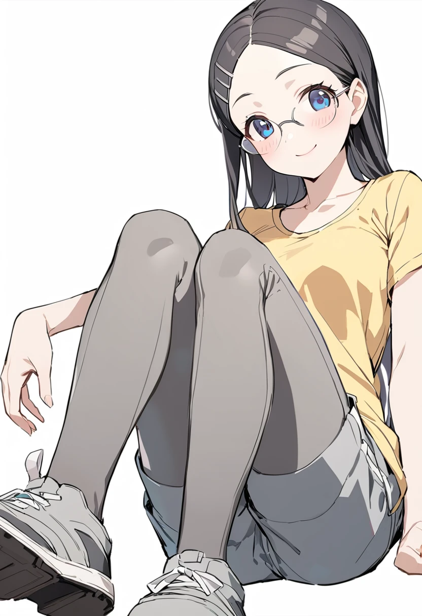 1girl, saitou kaede, solo, glasses, smile, black hair, blush, looking at viewer, yellow shirt, long hair, hair ornament, blue eyes, pantyhose, short sleeves, black legwear, sitting, hairclip, closed mouth, legwear under shorts, grey shorts, simple background, green eyes, white background, rimless eyewear, reaching out, knee up, from below, t-shirt, grey pants, round eyewear, leggings, collarbone, head tilt, forehead, shoes, masterpiece, best quality <lora:saitou_kaede_sdxl_locon_ani_v1:0.7>