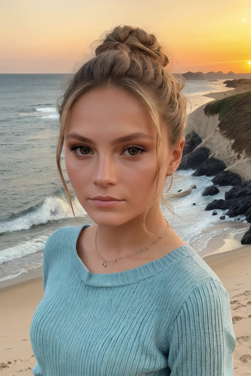 eine Frau, 35 Jahre alt, eine Frau mit blonden Haaren und einem roten Blumenrock, long blonde hair and big eyes, blonde hair and big eyes, on the beach, Brunette with dyed blonde hair,