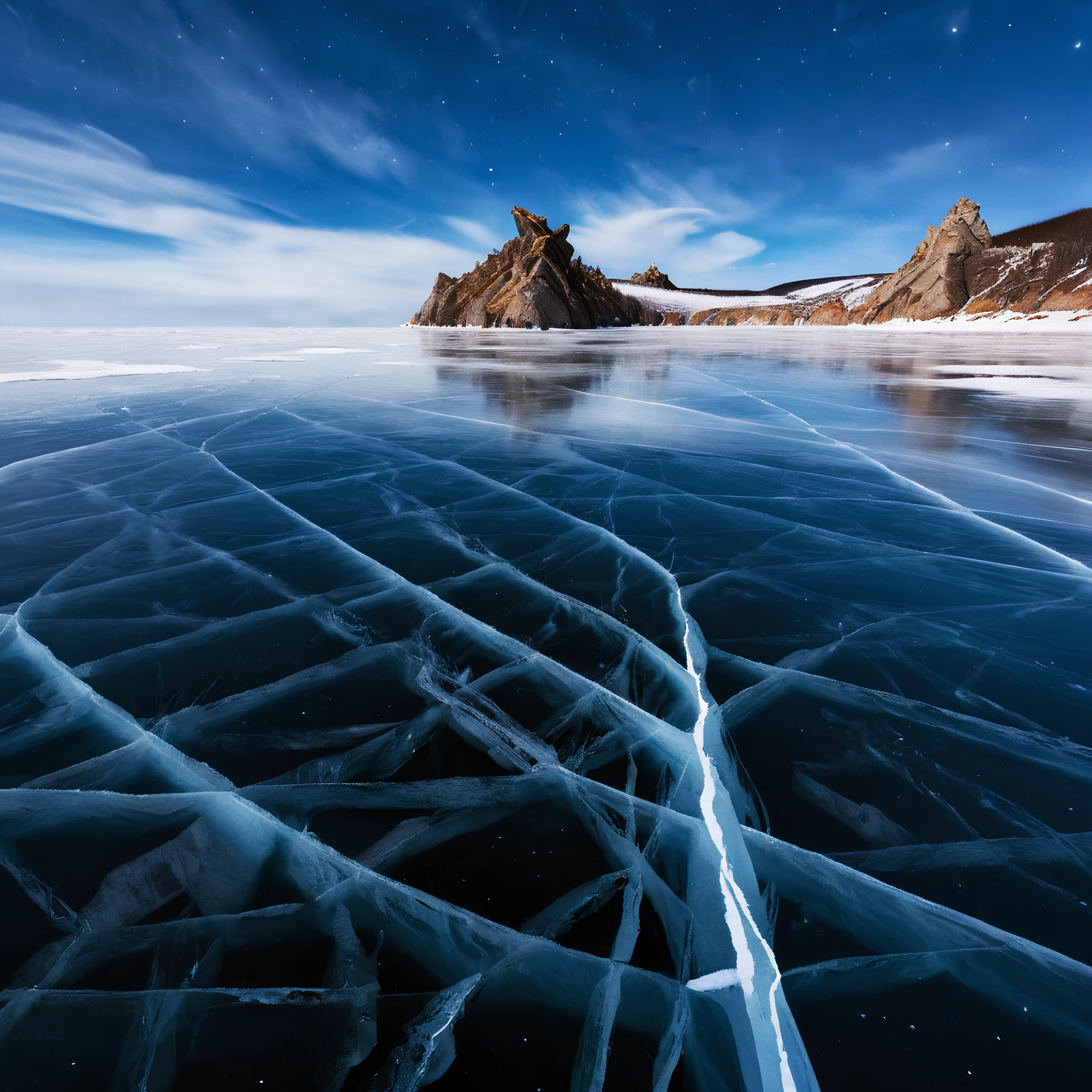 Professional photo of frozen Lake Baikal, partially cloudy, starry night, cracked ice. DSLR photo, high details, masterpiece