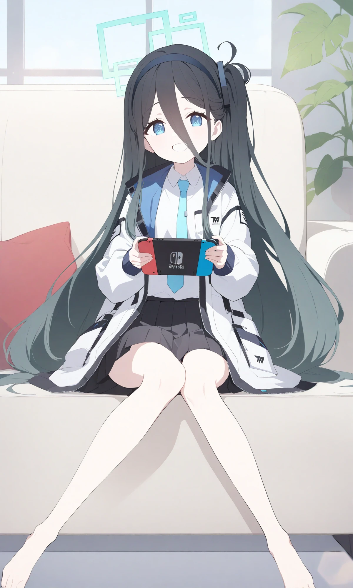 lens flare aris_\(blue_archive\) 1girl solo highres best_quality newest sitting_on_a_couch, holding nintendo switch, wide_shot, blue_eyes,foot_focus bare_foot bare_legs, black_hair necktie, hair_between_eyes skirt halo shirt v foreshortening indoors white_shirt blue_necktie open_mouth one_side_up couch smile hairband long_sleeves potted_plant teeth black_skirt upper_teeth_only school_uniform full_body very_long_hair bangs collared_shirt