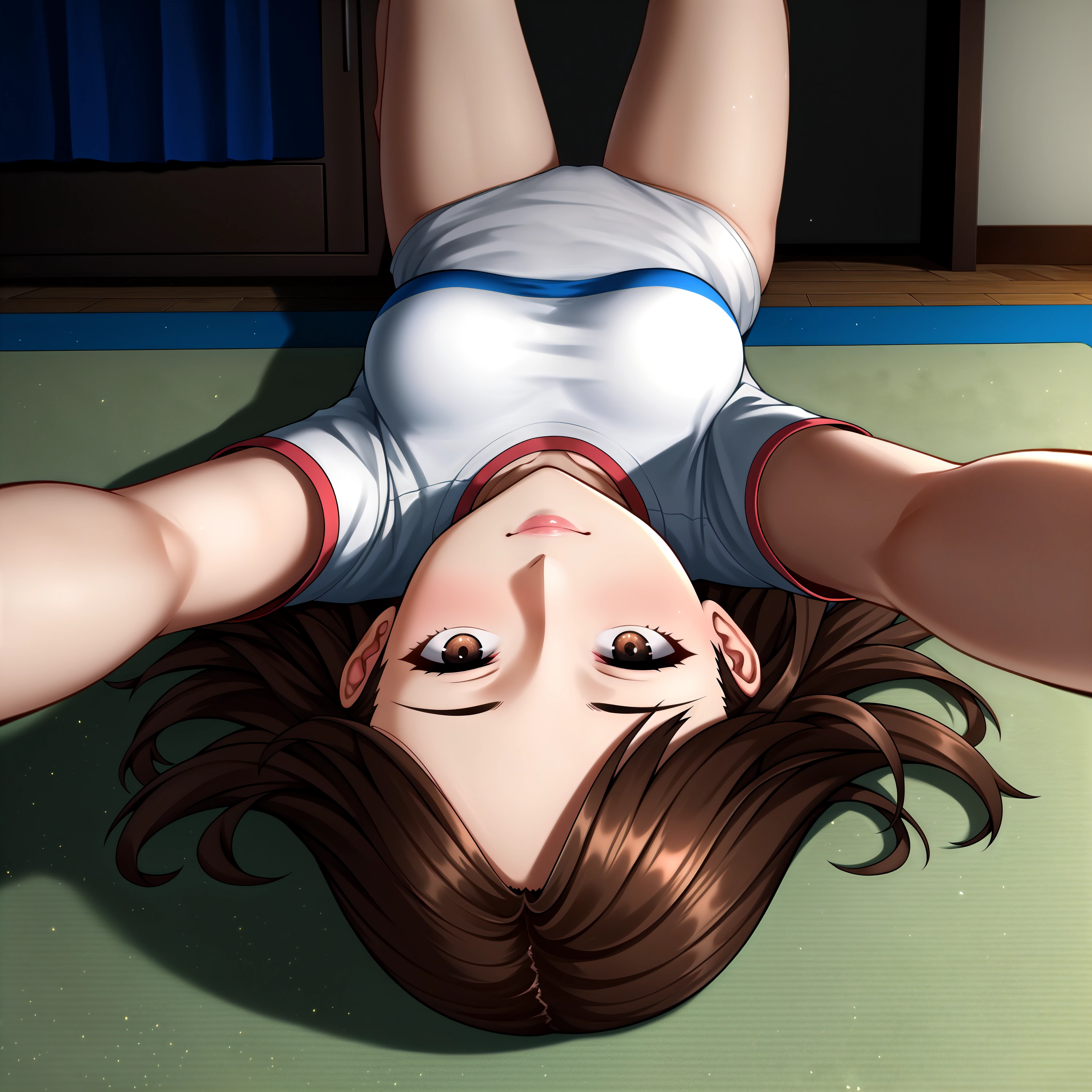 score_9, score_8_up, score_7_up, source_anime, BREAK, 1girl, solo, looking at viewer, (lying, (on back), upside-down, (foreshortening), outstretched arms), palms, hands, light smile, brown hair, white eyes, sleepwear, (bedroom), highres, ultra-detailed, illustration,colorful, masterpiece, best quality, best shadow, best illumination, finely detail, 4k, (extremely detailed), (8k), best quality, soft lighting, tracing, detailed face, skin texture, absurdres, light particles, <lora:StS-SDXL-Foreshortening-Iter2:1>