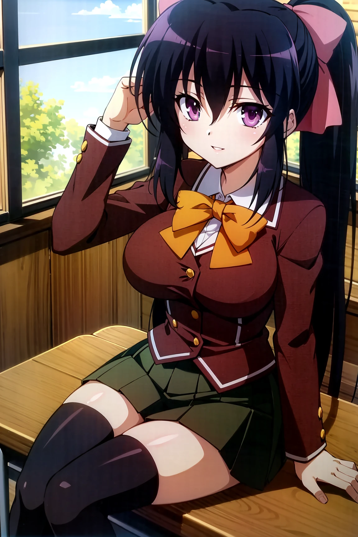 <lora:OmaHimaStylev51:0.8>,(best quality:1.2),absurdres,uhd,8k,magnum opus,volumetric shadows,isometric lighting,anime,solo,facing viewer,noiharahimari,purple eyes,black hair,long ponytail,school uniform,red shirt,long sleeves,yellow bowtie,hair bow,pink bow,black skirt,black thighhighs,sitting,school theme,indoors,classroom,window,smile,half closed eyes,parted lips,large breasts,looking at viewer,very long hair,sailor collar,