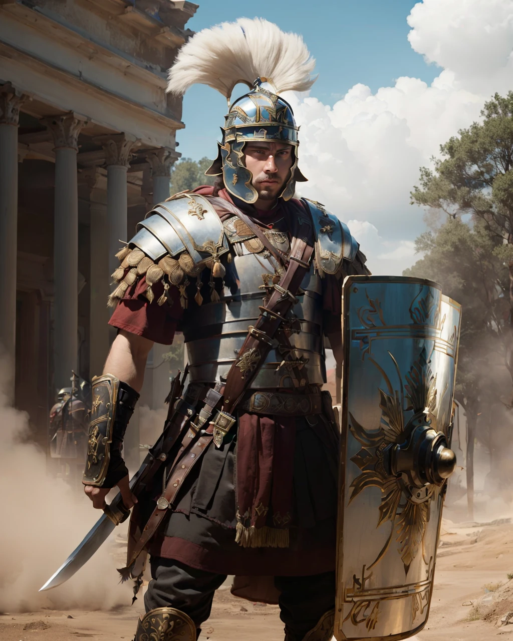 best quality,masterpiece,highly detailed,ultra-detailed, 
<lora:neg4all_bdsqlsz_V3.5:-1>,
 <lora:RomanLegionary:1>1boy, armor, facial hair, helmet, holding, holding sword, holding weapon, knife, male focus, realistic, romanlegionary, shield, sword, war, weapon, white hair