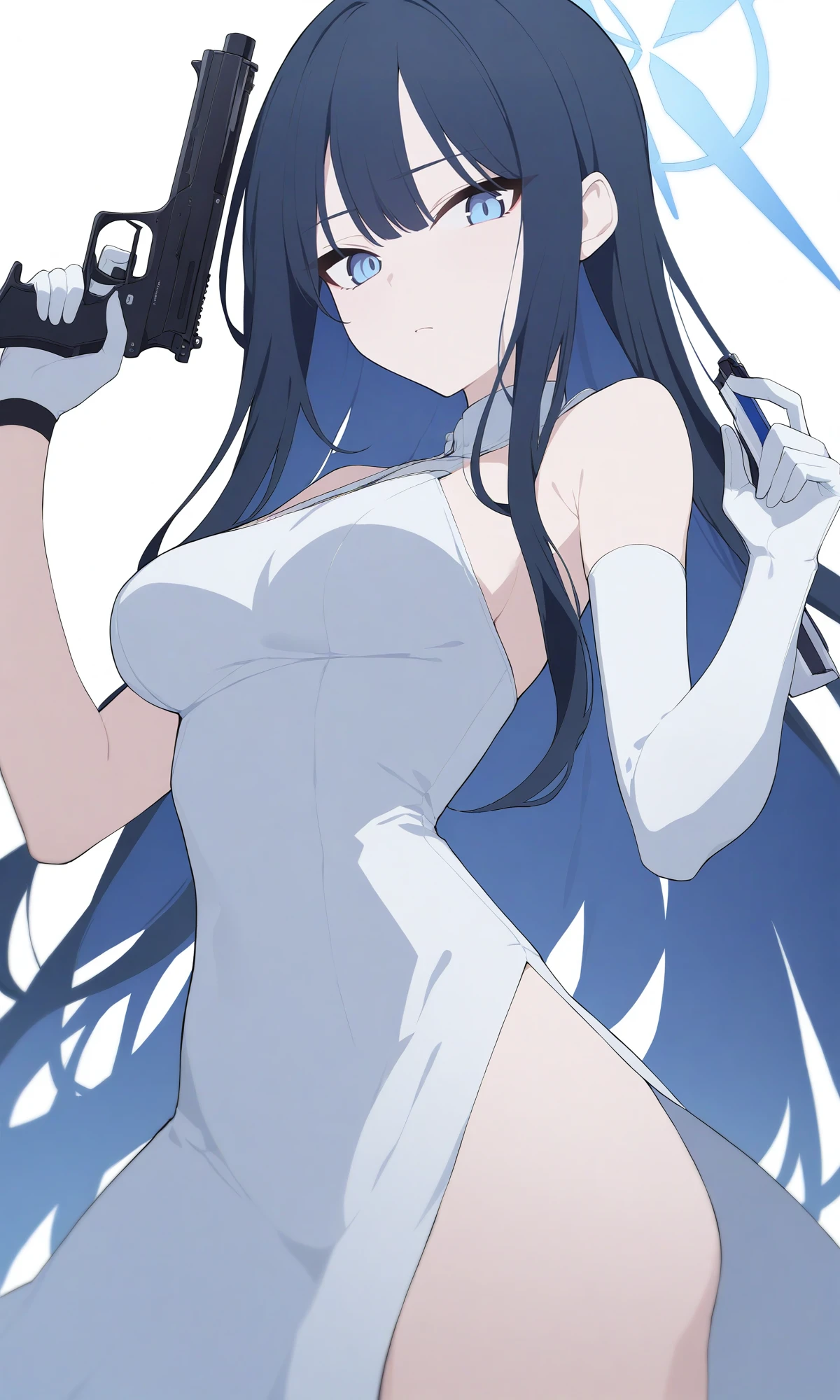 saori_(blue_archive) 1girl black_hair blue_eyes blue_halo breasts closed_mouth combat_knife dress elbow_gloves evening_gown gloves gun halo handgun holding holding_weapon knife long_hair looking_at_viewer official_alternate_costume simple_background solo weapon white_background white_dress white_gloves flat_coating clear_color highres absurdres best_quality