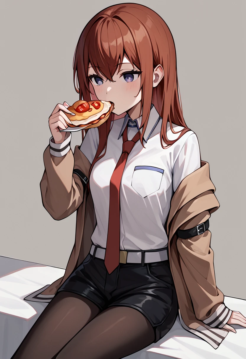 score_9, score_8_up, <lora:kurisu:1> kurisu, 1girl,solo, off shoulder,brown jacket,collared shirt,red necktie, black shorts, black pantyhose, sitting,eating,meal