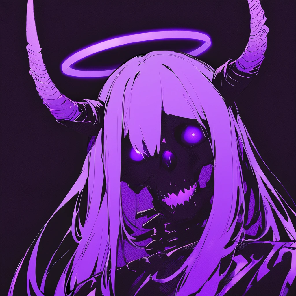 purple theme,glowing,1girl,long hair,solo,simple background,upper body,horns,halo,skull,skeleton,<lora:phonk:1>,