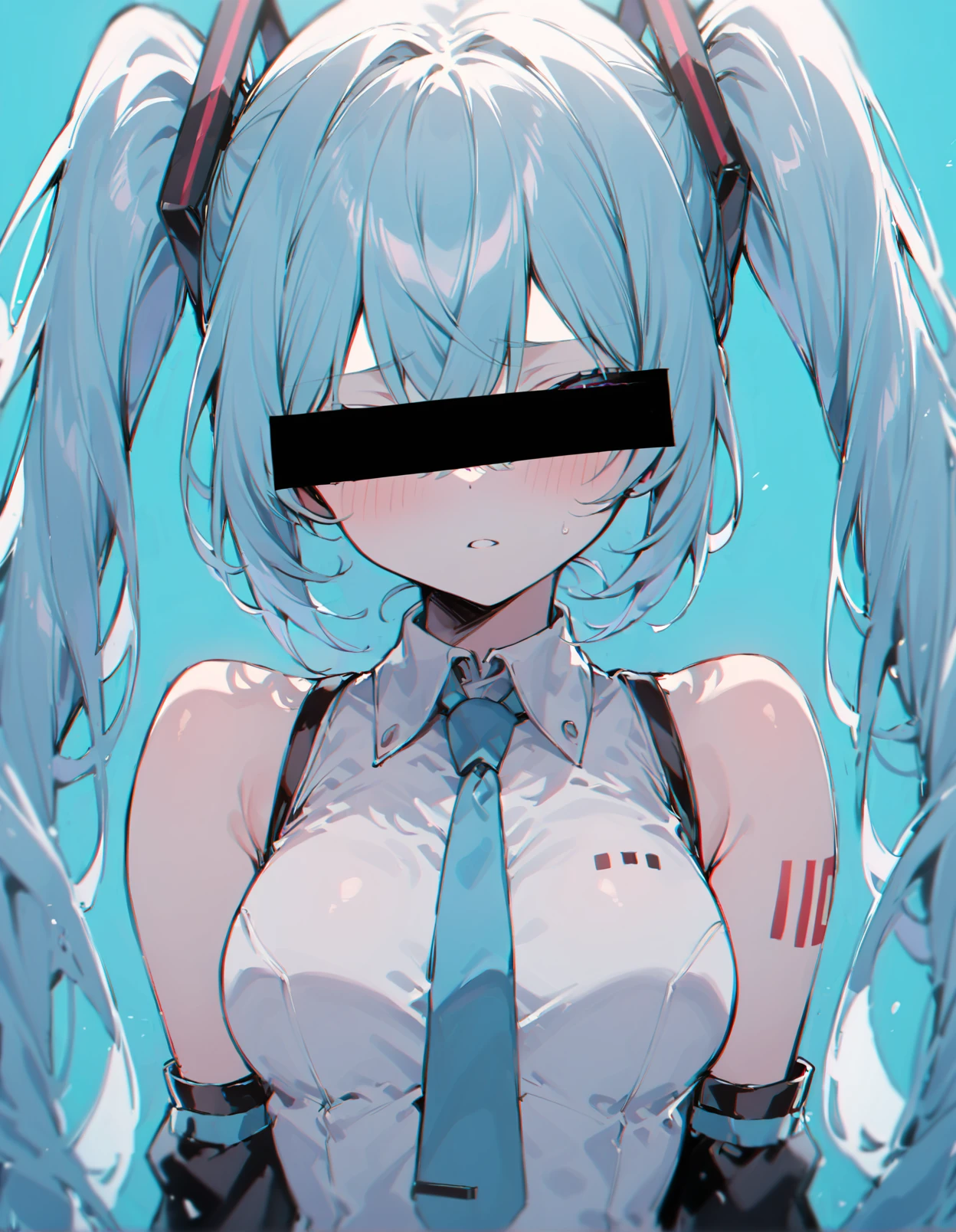 identity censor, censored, 1girl, solo, twintails, long hair, shoulder tattoo, aqua hair, aqua background, detached sleeves, bar censor, shirt, sleeveless, sleeveless shirt, necktie, looking at viewer, upper body, bare shoulders, very long hair,
masterpiece, best quality, bar censor,
<lora:Anonymous_M:1>
<lora:aesthetic_anime_v1s:1>