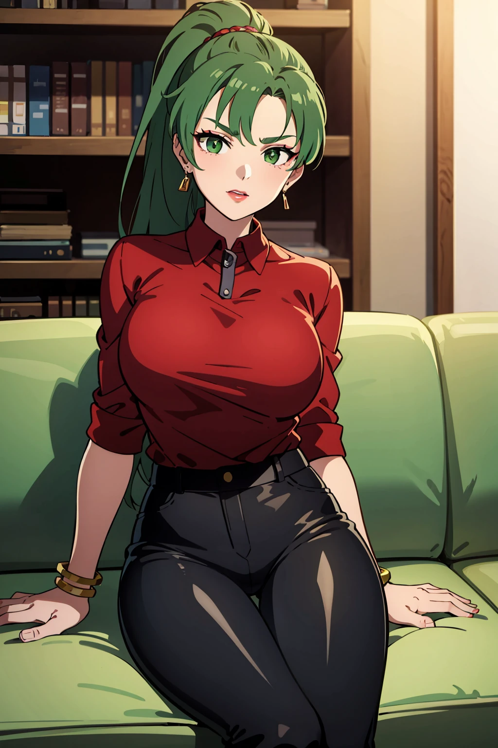 masterpiece, best quality, 1girl, solo, looking at viewer, <lora:EPfeLyn-06:0.7>, EPfeLyn, green hair, green eyes,  long hair, ponytail, high ponytail, large breasts, v-shaped eyebrows, earrings, jewelry, lipstick, makeup
BREAK
red shirt, collared shirt, black pants, leather pants, bracelet, anklet, ankle boots, sitting, on couch, thigh gap