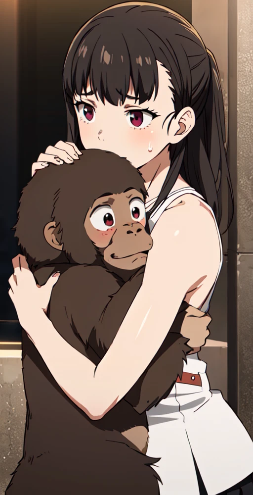 MOV2, 1girl, solo, sweat, zoo, hugging gorilla, perfect quality, good quality, masterpiece, HDR, UHD <lora:Maki Oze V2-000004:0.6>