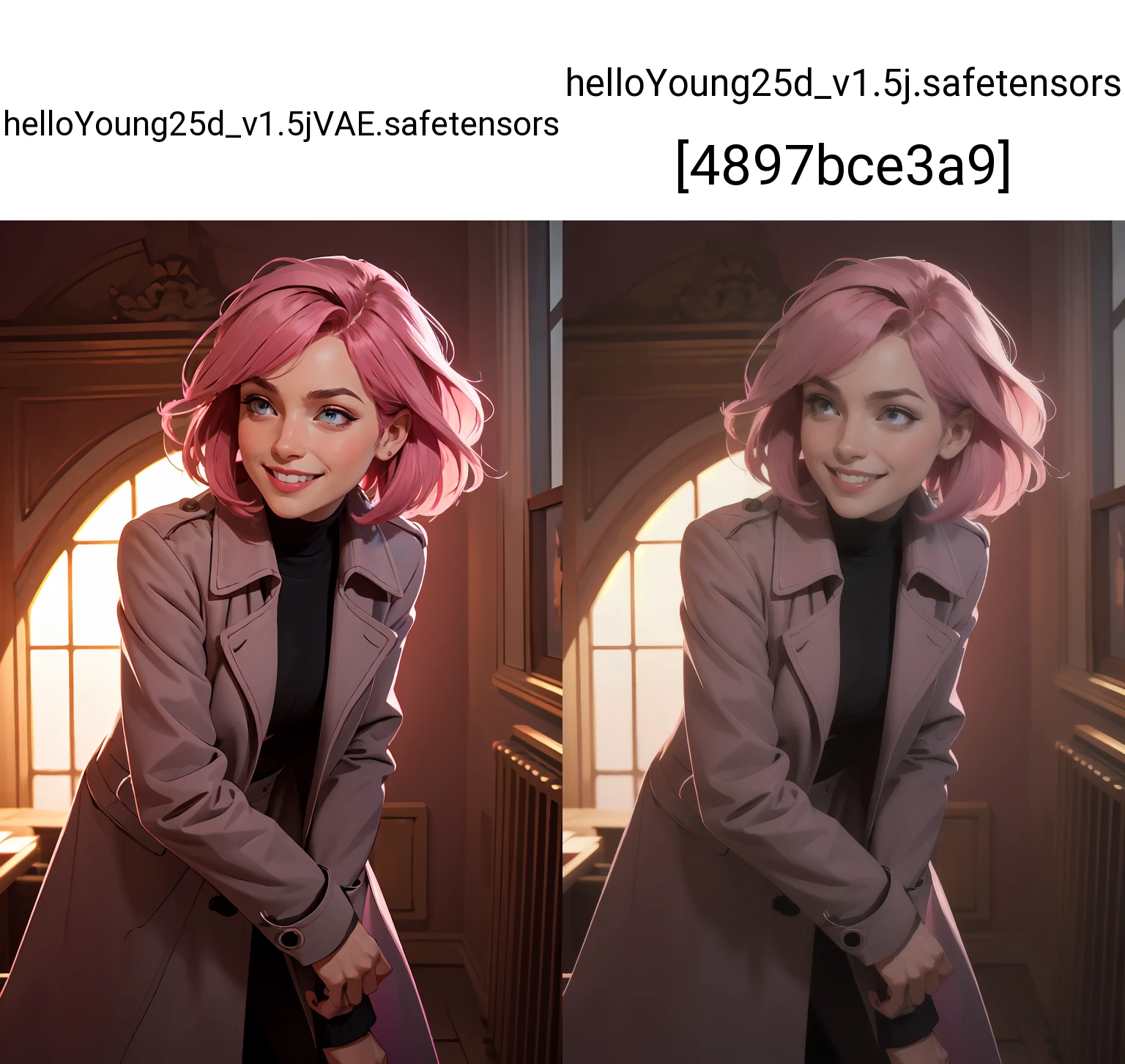 masterpiece,best quality,1girl, leaning forward coat pink hair shadow dramatic lighting Georgeana Ireland matrix ,smile, <lora:GoodHands-beta2:0.8>,