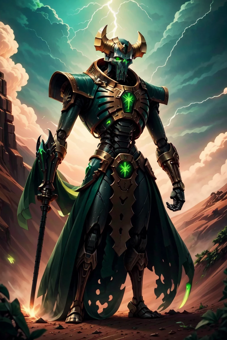<lora:more_details:0.5>, ((masterpiece,best quality)), anime style,  <lora:Necron_Lord:0.8>, detailed robot face,  Necron Lord, 1boy, holding, standing, weapon, male focus, outdoors, horns, sky, cloud, cape, holding weapon, helmet, staff, glowing eyes, lightning, green glow, cowboy shot,