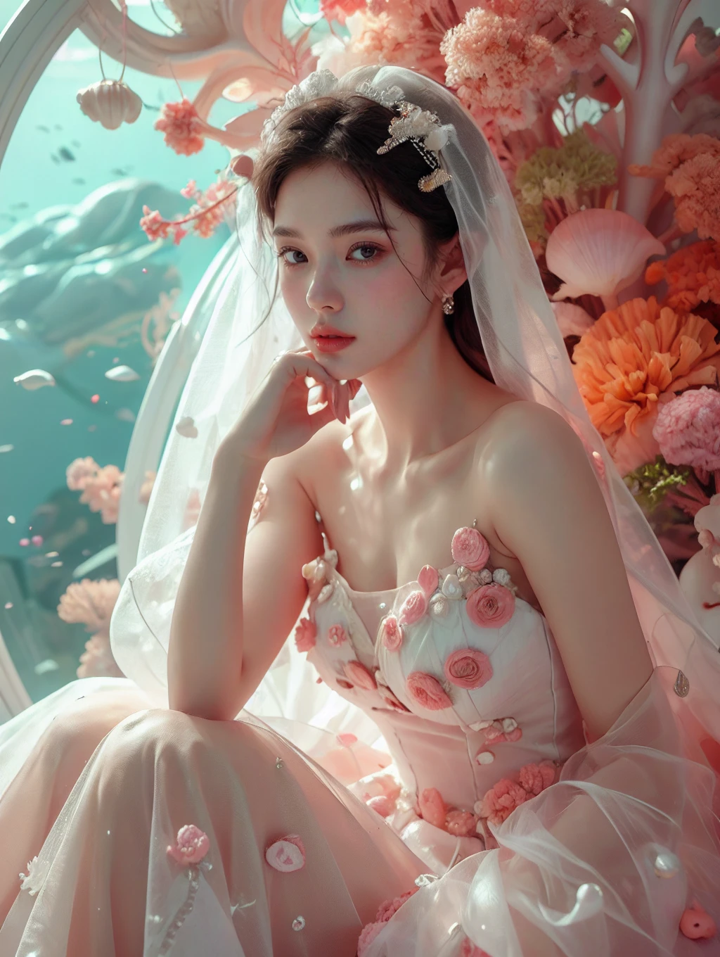 (beautiful and elegant girl:1.3),(close-up:1.2),sitting,a dress inlaid with pearls,(fashion clothing design:1.1),veil,clear tulle,black hair,
<lora:Pink coralçç æ_v1.0:0.77>,Pink coral,shell,(floating blisters:1.1),coral hair accessories,pink atmosphere,<lora:duobabaè²å½©çå¼¹:0.4>,, (masterpiece:1,2), best quality, masterpiece, highres, original, extremely detailed wallpaper, perfect lighting,(extremely detailed CG:1.2ï¼