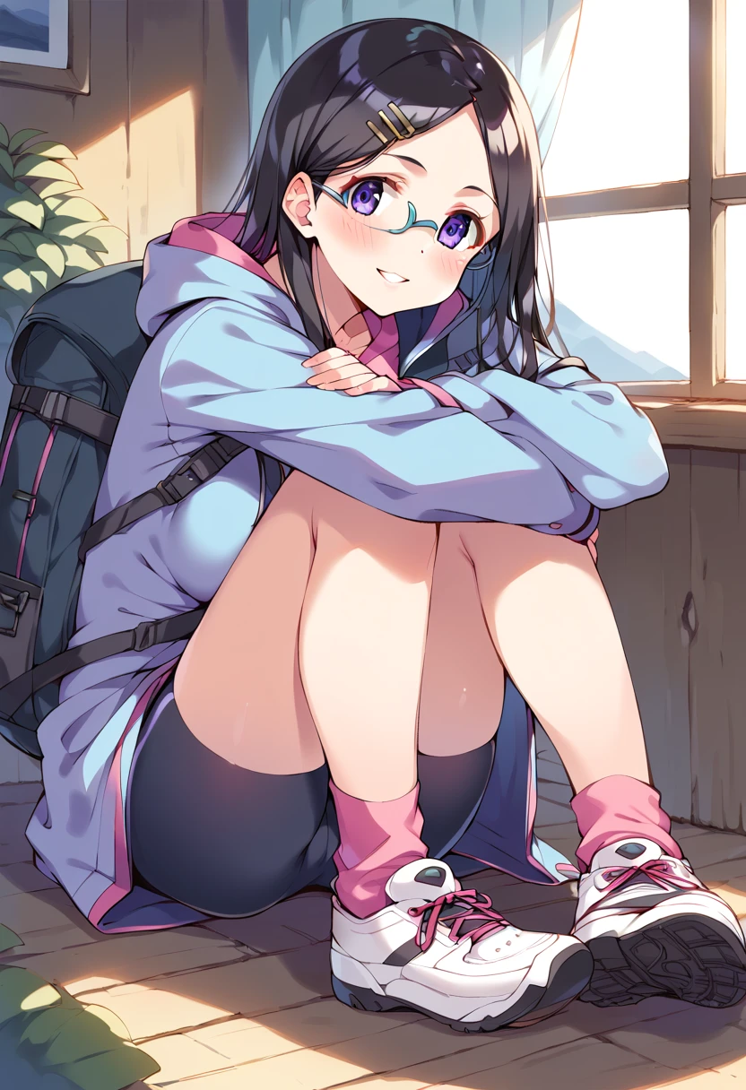 score_9, score_8_up, score_7_up, best quality, masterpiece, source_anime BREAK
1girl, saitou kaede, solo, hairclip, parted bangs, hair ornament, bike shorts, backpack, hood, long hair, sitting, shoes, large breasts, black hair, smile, sneakers, socks, looking at viewer, blue eyes, purple eyes, blue-framed eyewear, hooded jacket, black hair, curtains, window, parted lips, coat, full body, blush, indoors, drawstring, pink legwear, mountain hut <lora:saitou_kaede_sdxl_locon_pony_v1:0.7>