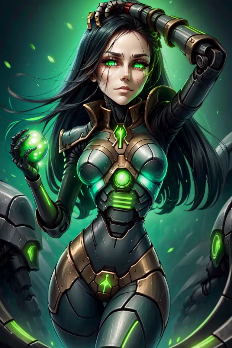 <lora:more_details:0.5>, ((masterpiece,best quality)), anime style,  <lora:Necron_Lord:0.8>, detailed robot face, glowing eyes:1.2,  Necron Lord, 1girl, long hair, breasts, black hair, holding, medium breasts, green eyes, bodysuit, colored skin, glowing eyes, hand on own head, animification,