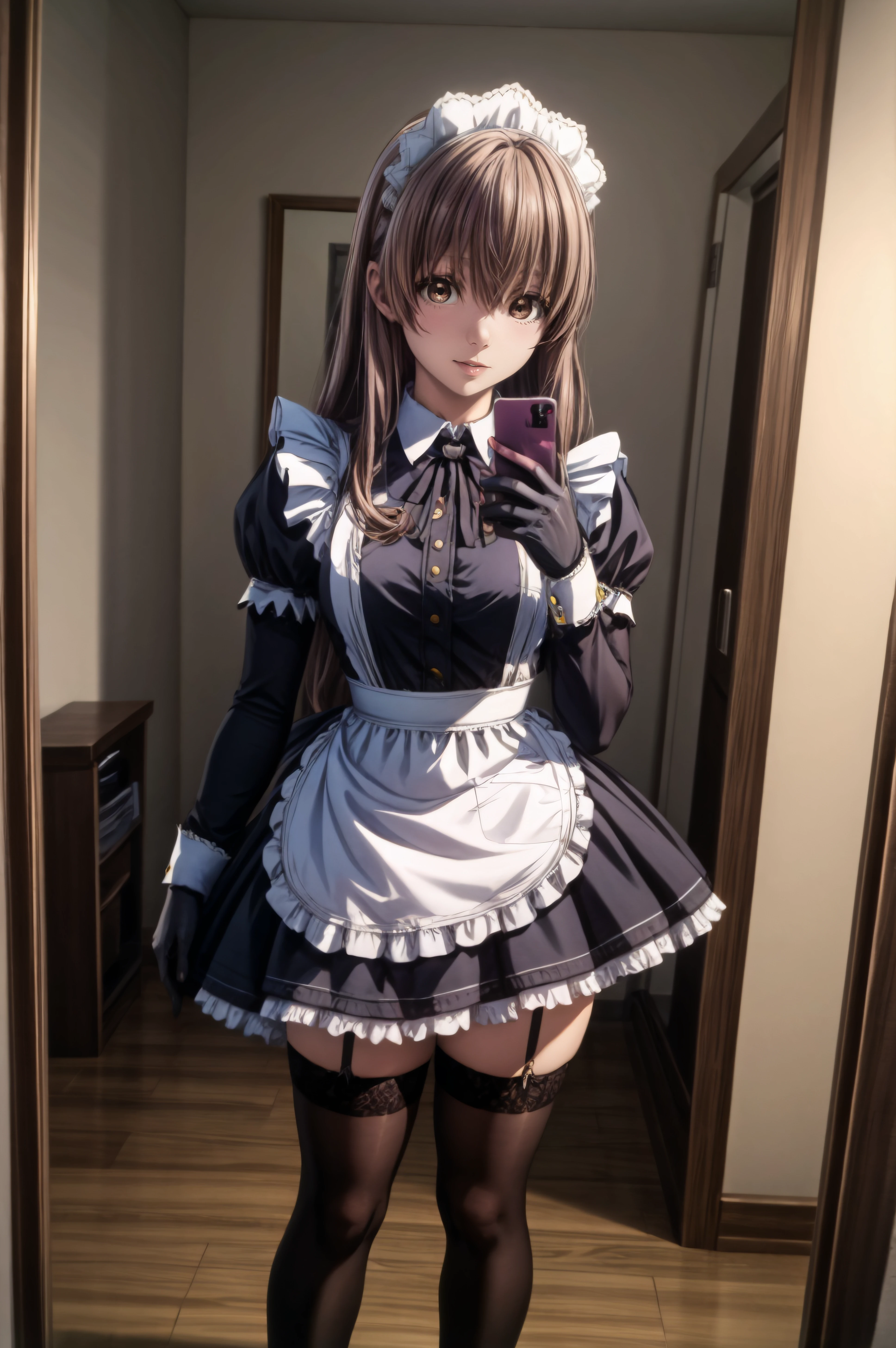 (masterpiece, best quality), <lora:shouko nishimiya v2-lora-Faxtron:0.8> shouko nishimiya, brown eyes, light brown hair, long hair, <lora:Maid_X23_By_Stable_yogi:0.8> maid headdress, maid outfit, black gloves, black thighhighs, high heels, <lora:MirrorSelfieLora:0.8> mirror selfie, holding phone,
<lora:add_detail:0.8>,