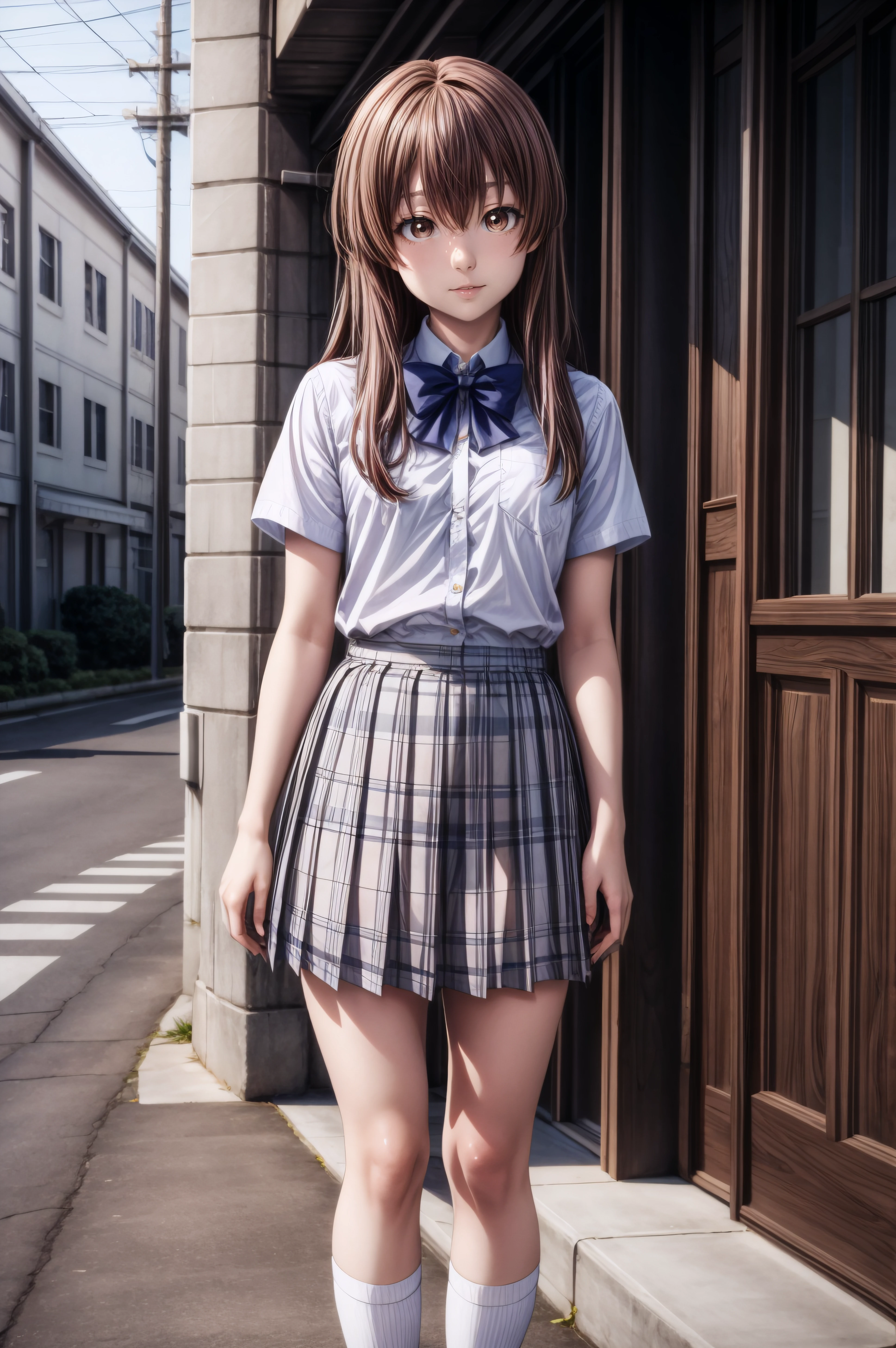 (masterpiece, best quality), <lora:shouko nishimiya v2-lora-Faxtron:0.8> shouko nishimiya, brown eyes, light brown hair, long hair, skirt, school uniform, white shirt, short sleeves, bow tie, pleated plaid skirt, white socks, shoes, standing,
<lora:add_detail:0.8>,