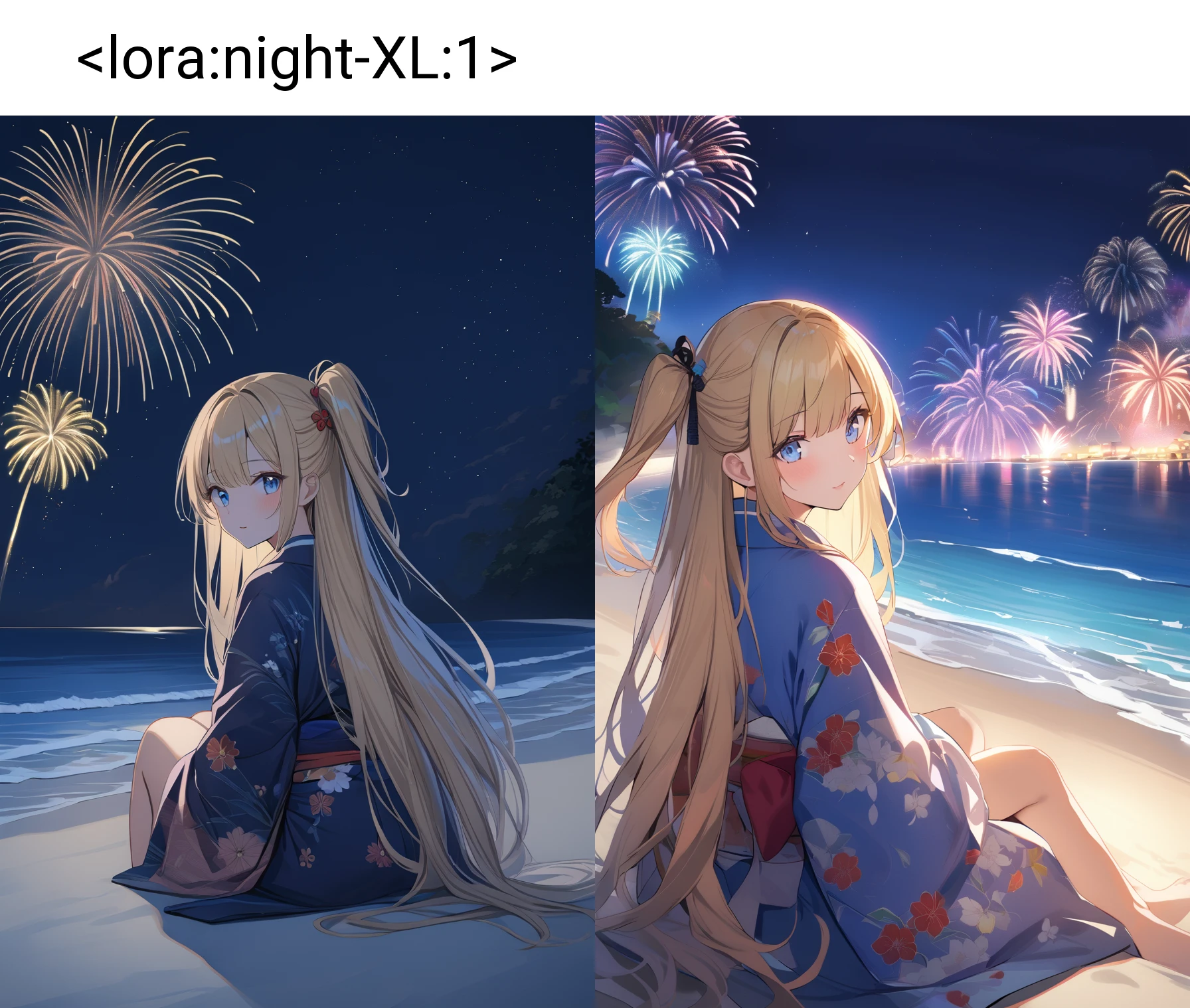 1girl,blonde hair, one side up, blue eyes, long hair,kimono,beach,sitting,fireworks,looking back, night,dark <lora:night-XL:1>