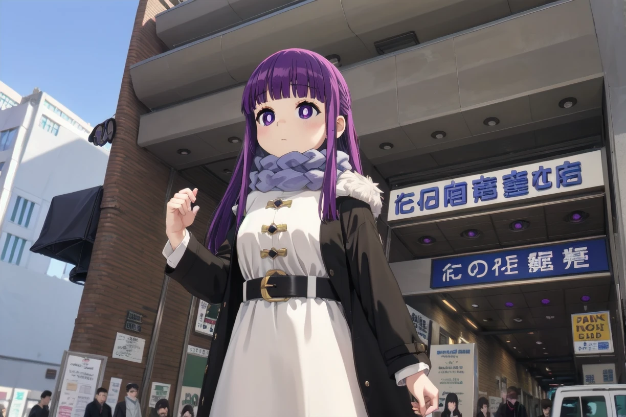 best quality,masterpiece,ultra high res,
1girl, standing, face focus, upper body, 
 <lora:fern s1-lora-nochekaiser:0.8> fern, long hair, bangs, (purple eyes:1.1), purple hair, sidelocks, blunt bangs, (bright pupils:1.5), half updo, long sleeves, dress, white dress, long dress, long sleeves, dress, white dress, long dress, robe, black robe, skirt, long sleeves, jacket, belt, scarf, coat, fur trim, black belt,
kinokuniya, storefront, real world location, scenery, sign, city, building, street, road, traffic light, lamppost, fence, road sign, chinese text, cityscape, outdoors
 <lora:kinokuniya_shinjuku_L_SD15_V1:0.6>