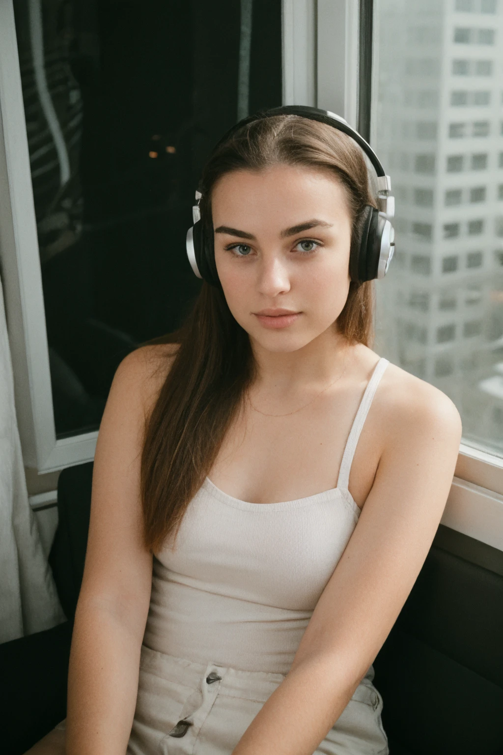 average looking girl sitting by window with headphones on