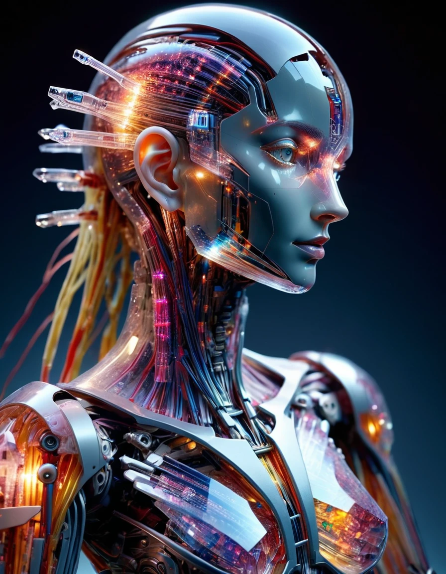 A futuristic side portrait of a humanoid robot. The robot's body is made of translucent materials,and its internal structure is clearly visible,including circuit boards and light-emitting elements. The robot has soft facial features with feminine features,including long hair and breasts. The robot's head and neck are structurally complex,with many connecting points and lines,suggesting its precise construction and possible versatility. High-tech and futuristic living concepts,cold and mechanical beauty,bioluminescence,fiber optics,masterpieces,octane rendering,unreal engine, made out of crystalz <lora:crystalz-lycoris:1>