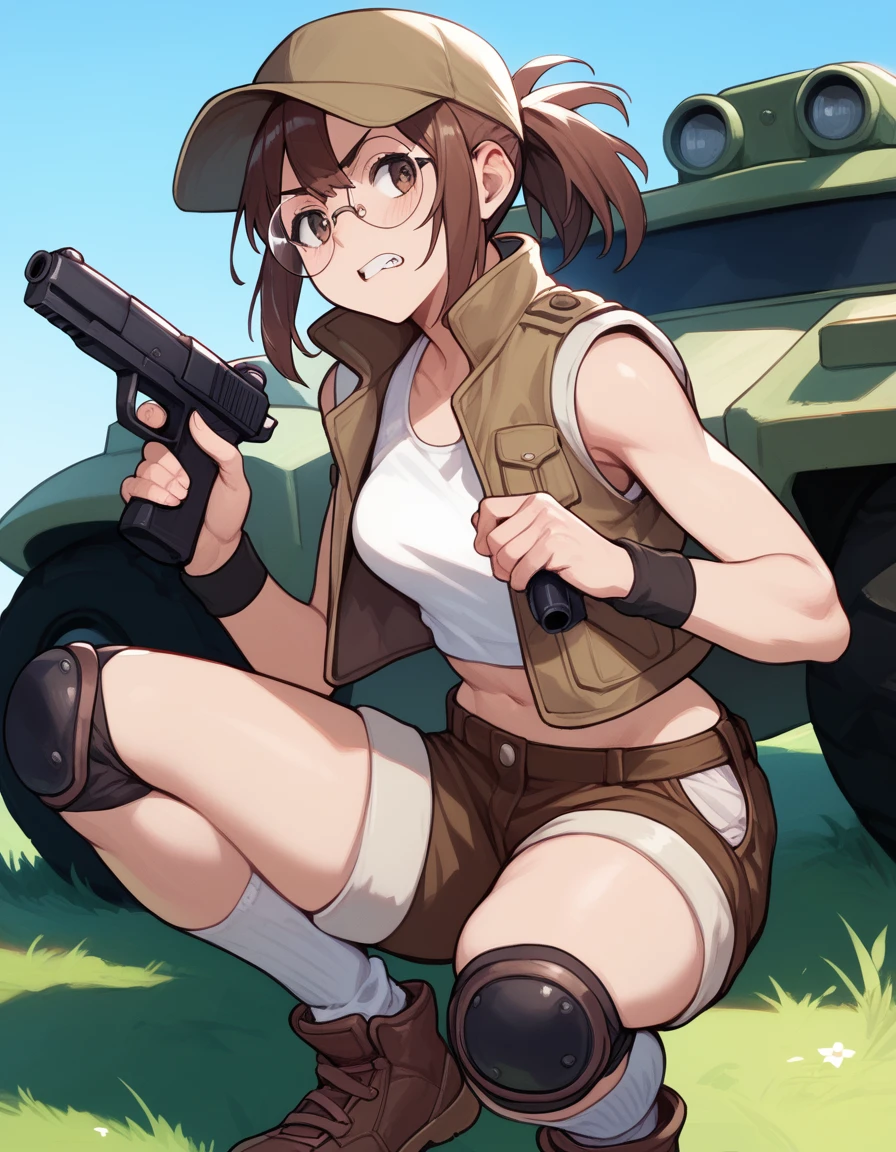 score_9, score_8_up, score_7_up, score_6_up, score_5_up, score_4_up, source_anime
<lora:metalslug-ponyxl-000002:1>
fio germi, glasses, round eyewear, baseball cap, wristband, brown jacket, cropped jacket, sleeveless jacket, midriff, open jacket, white tank top, brown shorts, short shorts, knee pads, socks, brown footwear,
1girl, clenched teeth, finger on trigger, grass, holding gun, looking to the side, military vehicle, motor vehicle, on one knee, outdoors, pump action, squatting, tank