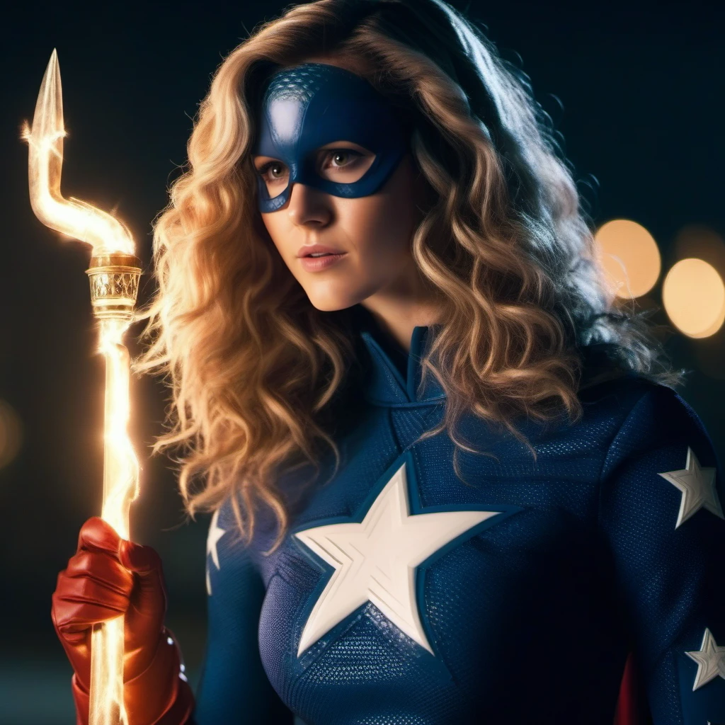 cinematic photo a woman dressed as a superhero with a stick <lora:Stargirl1024:0.8> . 35mm photograph, film, bokeh, professional, 4k, highly detailed