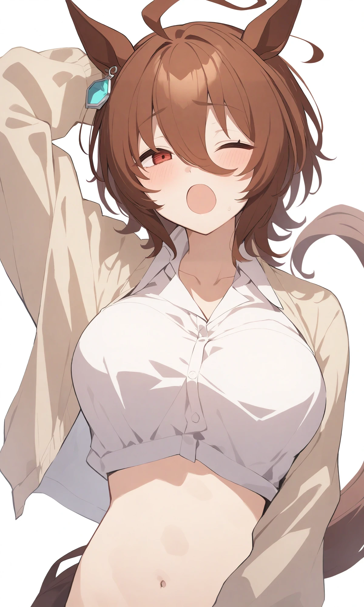 1girl agnes_tachyon_(umamusume) ahoge alternate_costume animal_ears arm_up blush breasts brown_hair collared_shirt cowboy_shot hair_between_eyes horse_ears horse_girl horse_tail long_sleeves looking_at_viewer medium_breasts navel one_eye_closed open_mouth red_eyes shirt short_hair simple_background solo tail white_background white_shirt yawning highres absurdres best_quality