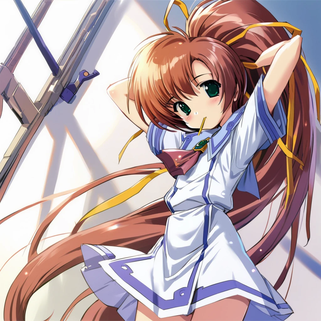 <lora:Komatsu_Eiji_SDXL_V2:1>,nanoca flanka,1girl,solo,long hair,green eyes,mouth hold,brown hair,sunlight,ponytail,ribbon,very long hair,arms behind head,hair ribbon,school uniform,weapon,looking at viewer,short sleeves,dress,arms up,, best_quality,masterpiece,1_girl