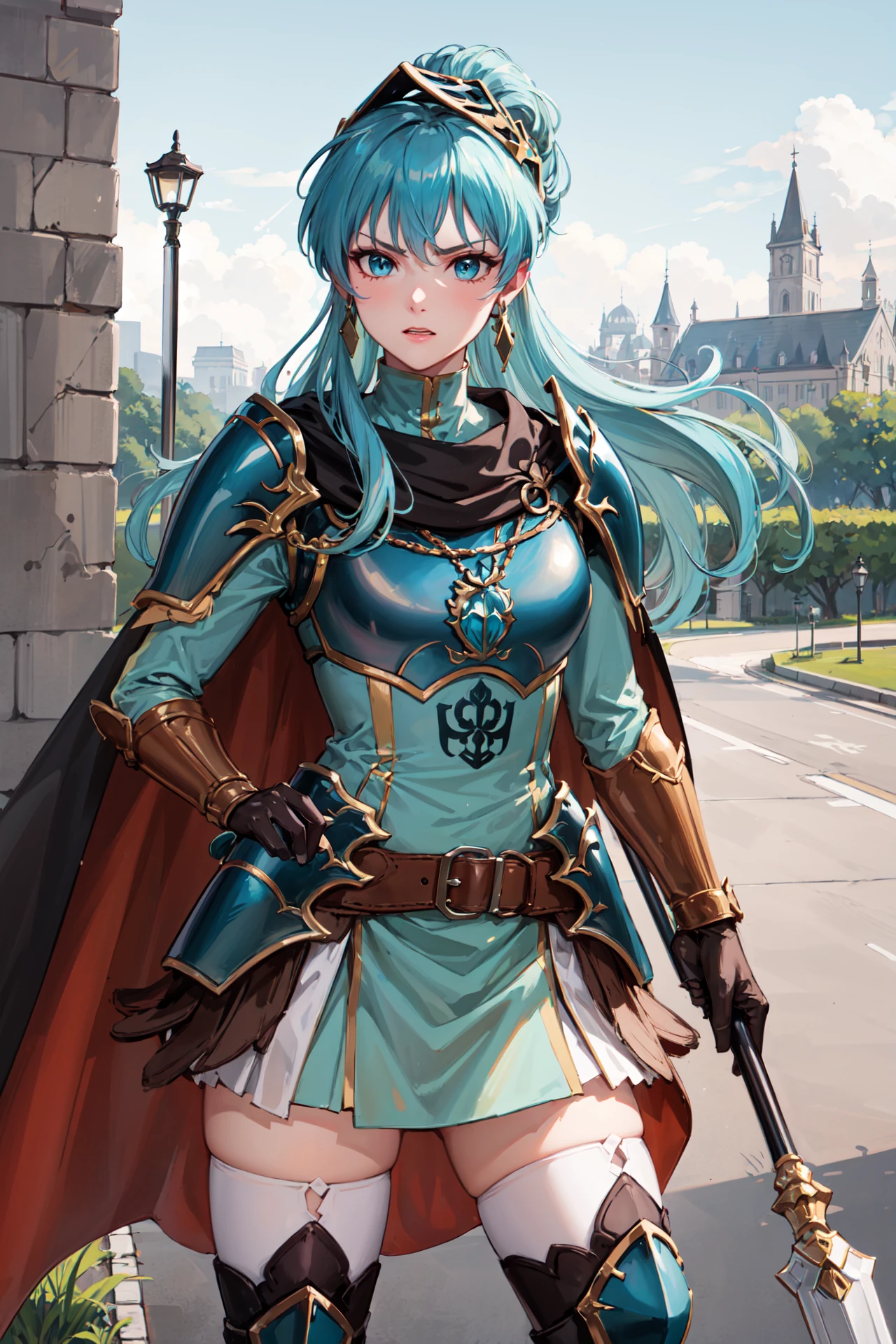 holding polearm, angry,full_body,standing,spread legs, <lora:BraveEirikaV1-000010:0.85>,bra_eirika, thigh_boots,white_thighhighs,long sleeves,elbow gloves, skin dents, breastplate, cape, shoulder armor, jewelry, belt, earrings, armored boots, zettai ryouiki, skirt, turtleneck,outdoors,castle,(masterpiece, best quality, ultra-detailed, best shadow)