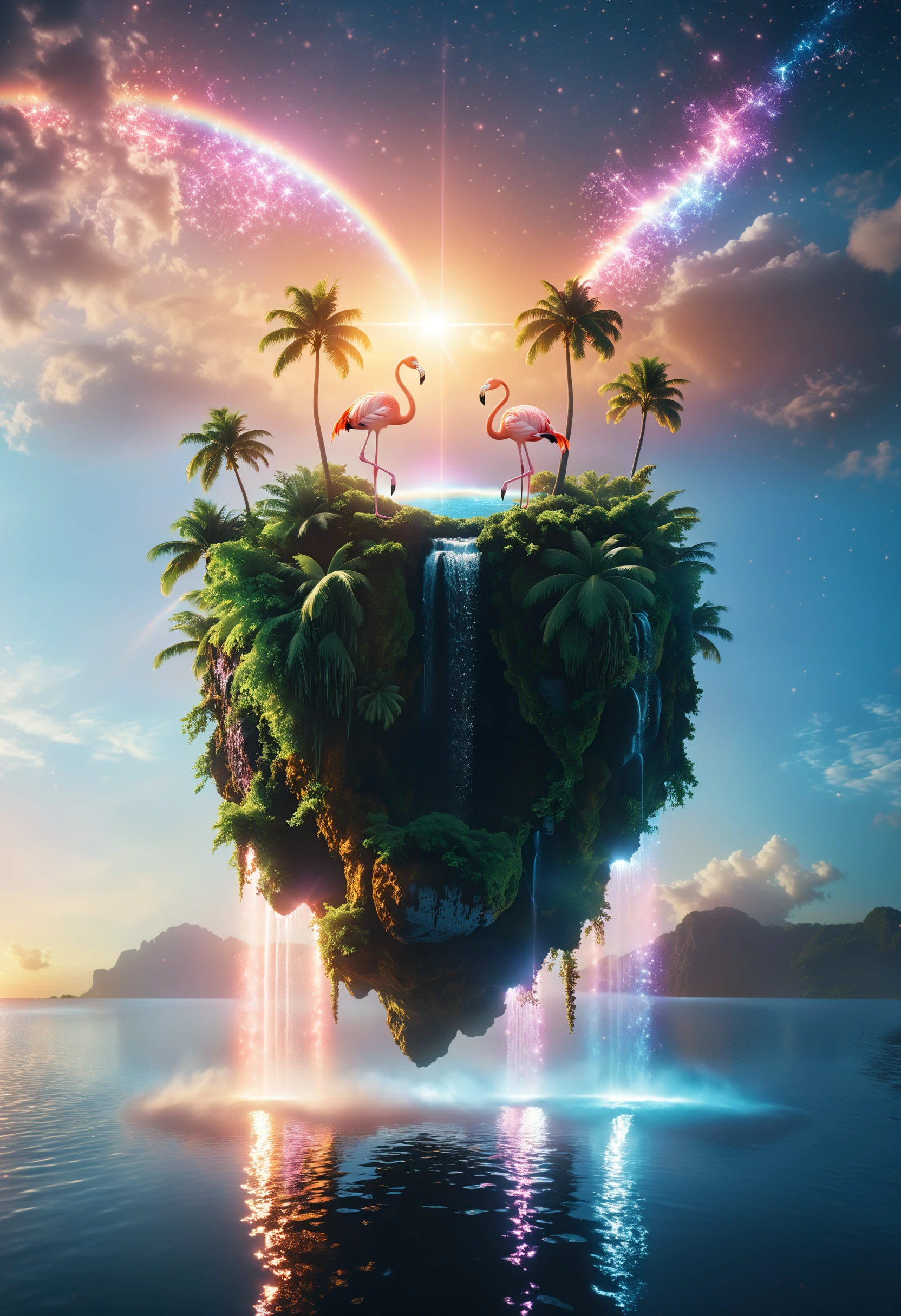 cinematic photo surreal, a floating island with starry rainbow sunset, palm trees, waterfall, flamingo, plants, glossy, glitter, photorealistic, The island suspended in the sky. It is a hyper-realistic science fiction style, ethereal illustration. conceptual digital art,<lora:xl_floating:0.9> . 35mm photograph, film, bokeh, professional, 4k, highly detailed