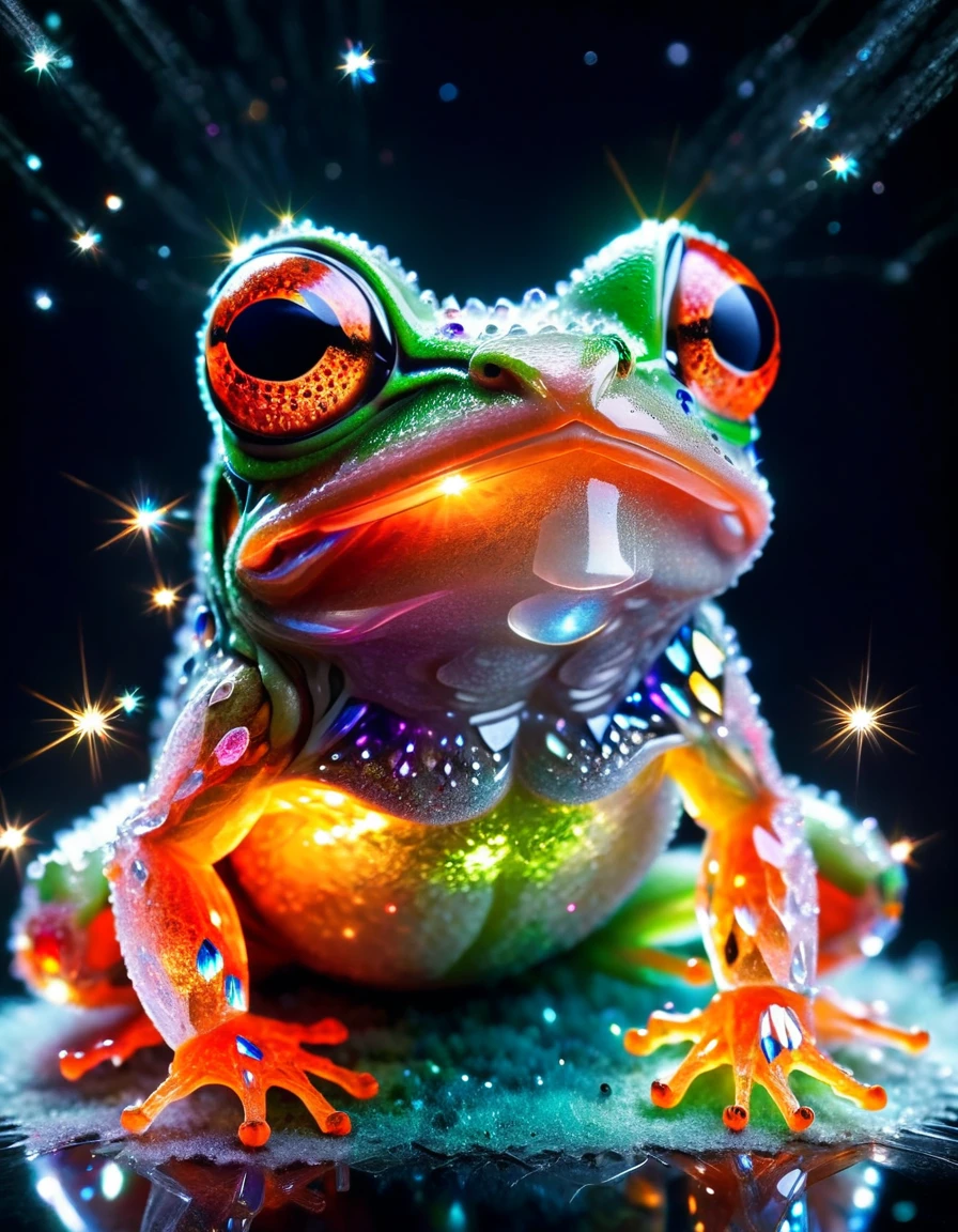 macro photo, a beautiful frog, glowing lights, beautiful magical sparkles, moon dust particulates, vibrant whimsical colors, made out of crystalz <lora:crystalz-lycoris:1>