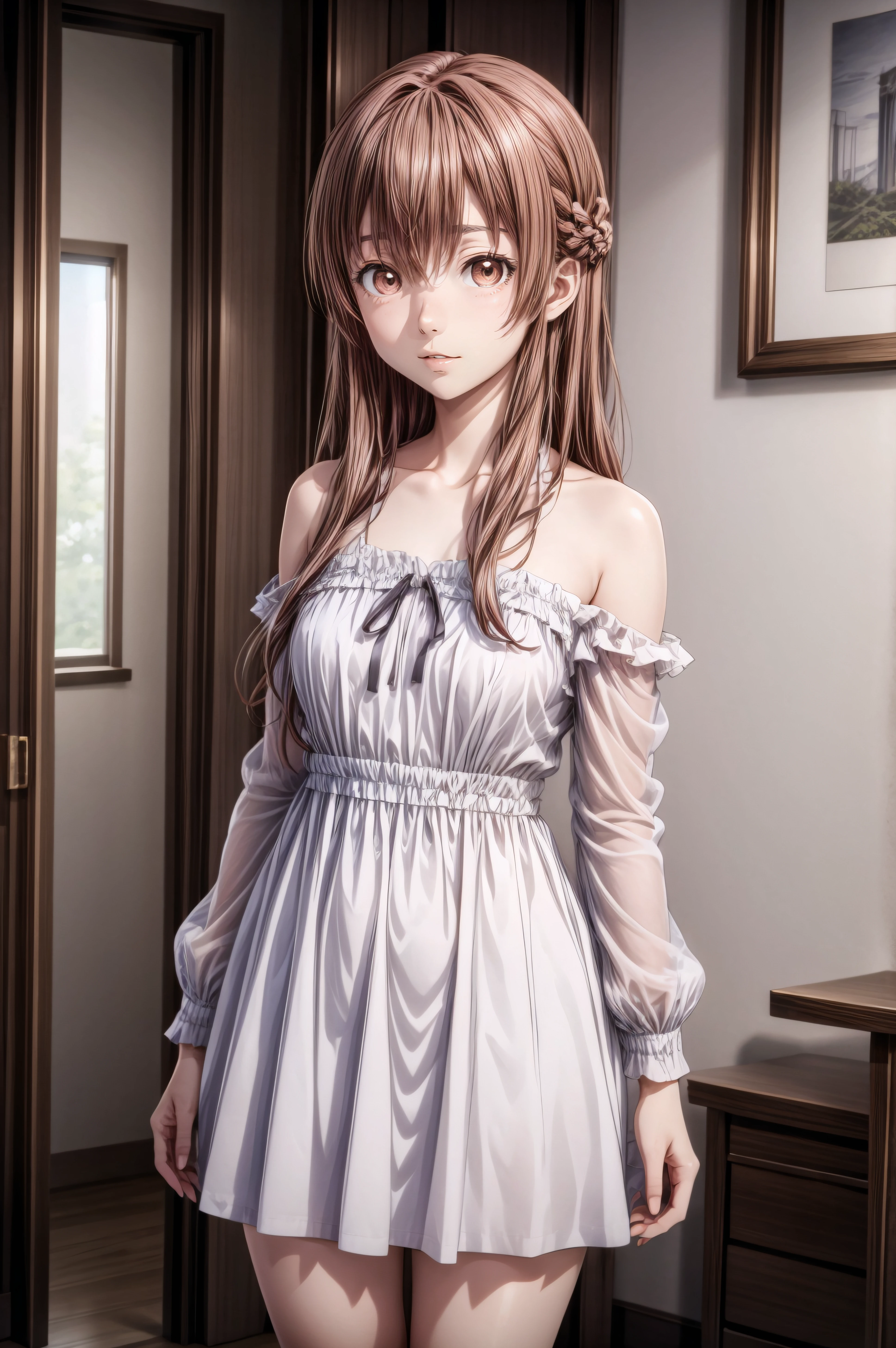 (masterpiece, best quality), <lora:shouko nishimiya v2-lora-Faxtron:0.8> shouko nishimiya, brown eyes, light brown hair, long hair, <lora:Micro_Mini_Dress_By_Stable_Yogi:0.8> mmdsy, micro mini dress, bare shoulders, long sleeves, standing,
<lora:add_detail:0.8>,