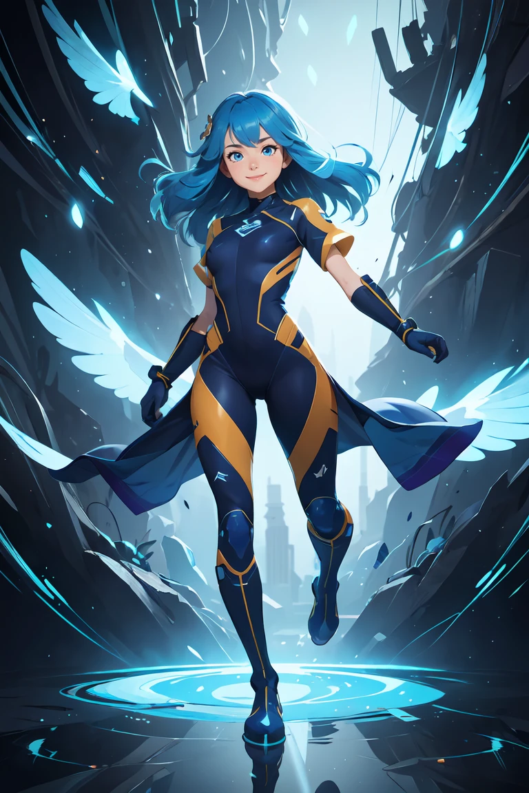 Full body, blue hair, masterpiece, best quality, official art, album art, very elaborate CG Unity 8K wallpaper, solo girl, Japan girl, full body, super high resolution, dynamic angle, dynamic pose, mysterious power, floating particles, reflection, so cute, sparkly blue color eyes, flight suit with white and blue and black color, tight fit clothes, full body covering clothes, knee boots, Watch Viewer, Front Face, Beauty, Medium, Shirt Lift, Metal Wire, Slim Body, Arm-Length Gloves, Anime Heroine, Gentle Smile, <lora:GoodHands-beta2:0.8>, scenery,