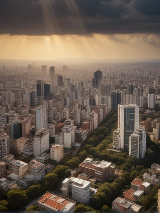 landscape of São Paulo, (RAW, analog, Nikon Z 85mm, award winning glamour photograph, ((best quality)), ((masterpiece)), ((realistic)), radiant light rays, highres, high detail, sharp focus, smooth, aesthetic, extremely detailed