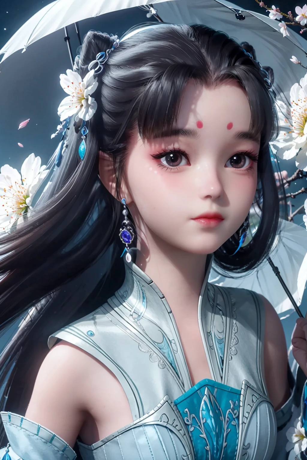 full_body,<lora:jmai_20240223145209-000008:0.7>,blue_dress,lle,a girl appeared at the front,panorama,exploring cherry blossom branches,wonderland,light blue element,night,side light shining on the face,